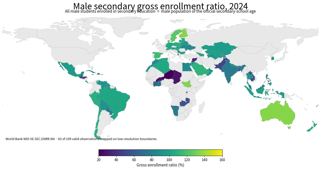 World map of the male secondary gross enrollment ratio by country and economy in 2024