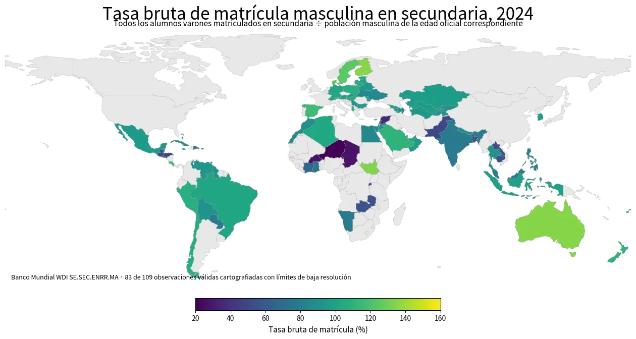 Mapa mundial de la tasa bruta de matrícula masculina en secundaria por país y economía en 2024