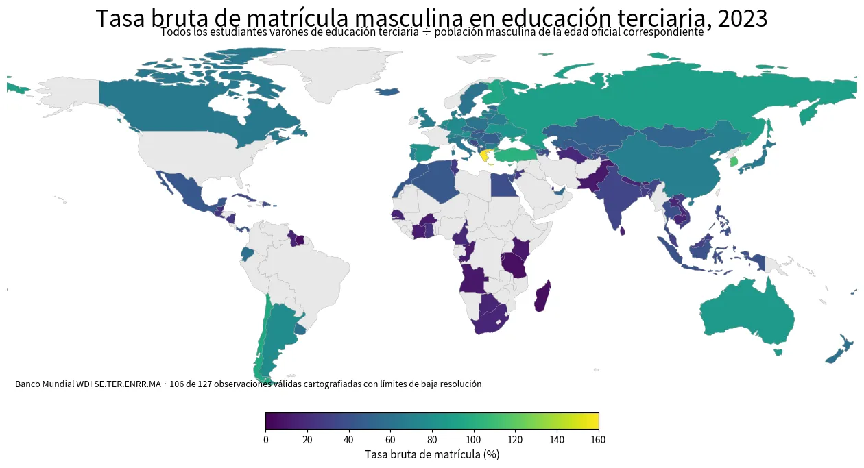 Mapa mundial de la tasa bruta de matrícula masculina en educación terciaria por país y economía en 2023