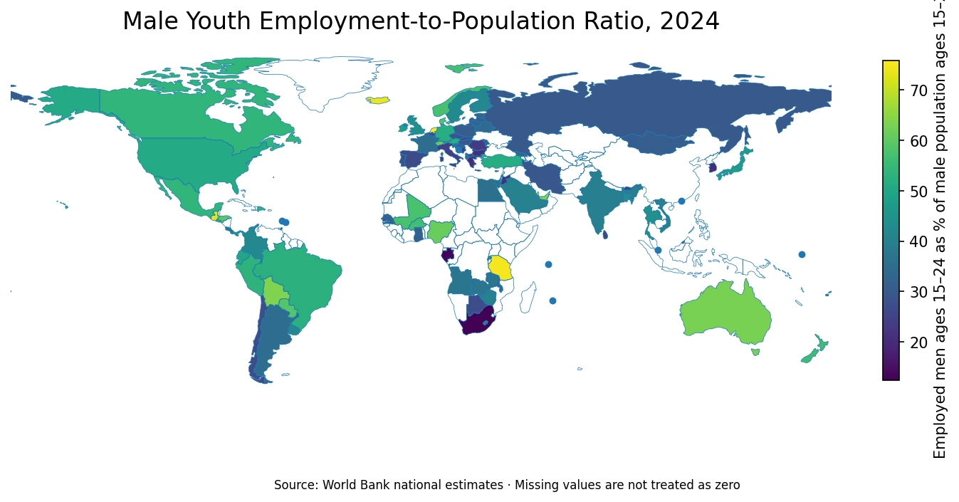 Male youth employment-to-population ratio by economy in 2024