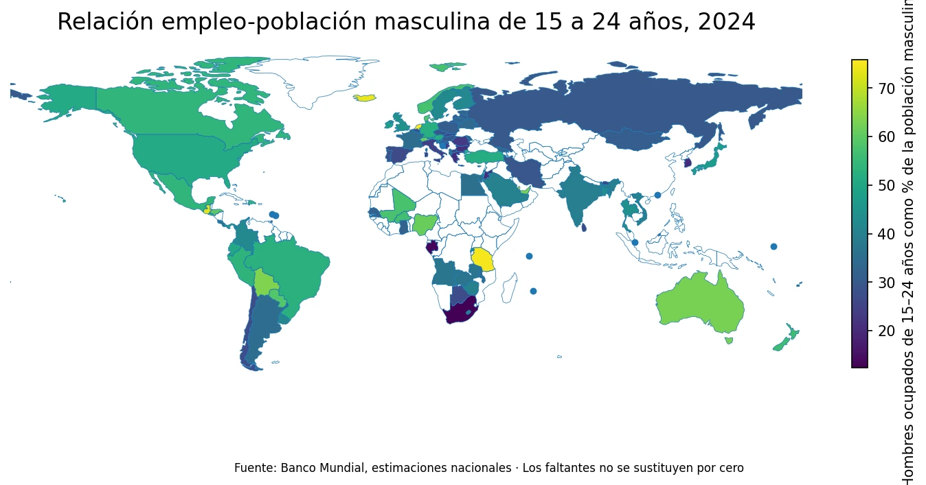 Relación empleo-población masculina de 15 a 24 años por economía en 2024