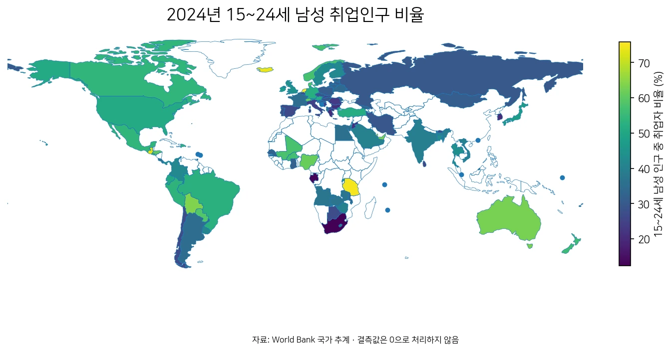 2024년 국가별 15~24세 남성 취업인구 비율