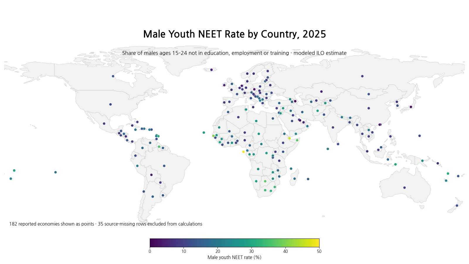 World map showing the male youth NEET rate by country in 2025