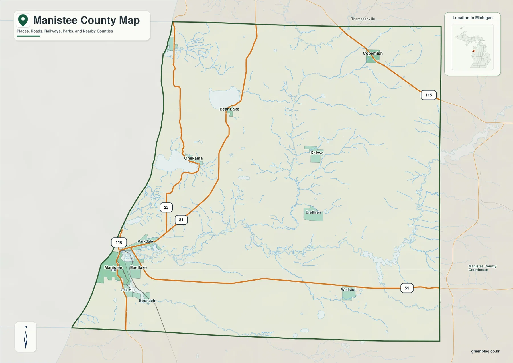 매니스티 카운티 지도 – Manistee, Onekama, Bear Lake, Kaleva, US-31, M-22와 M-55