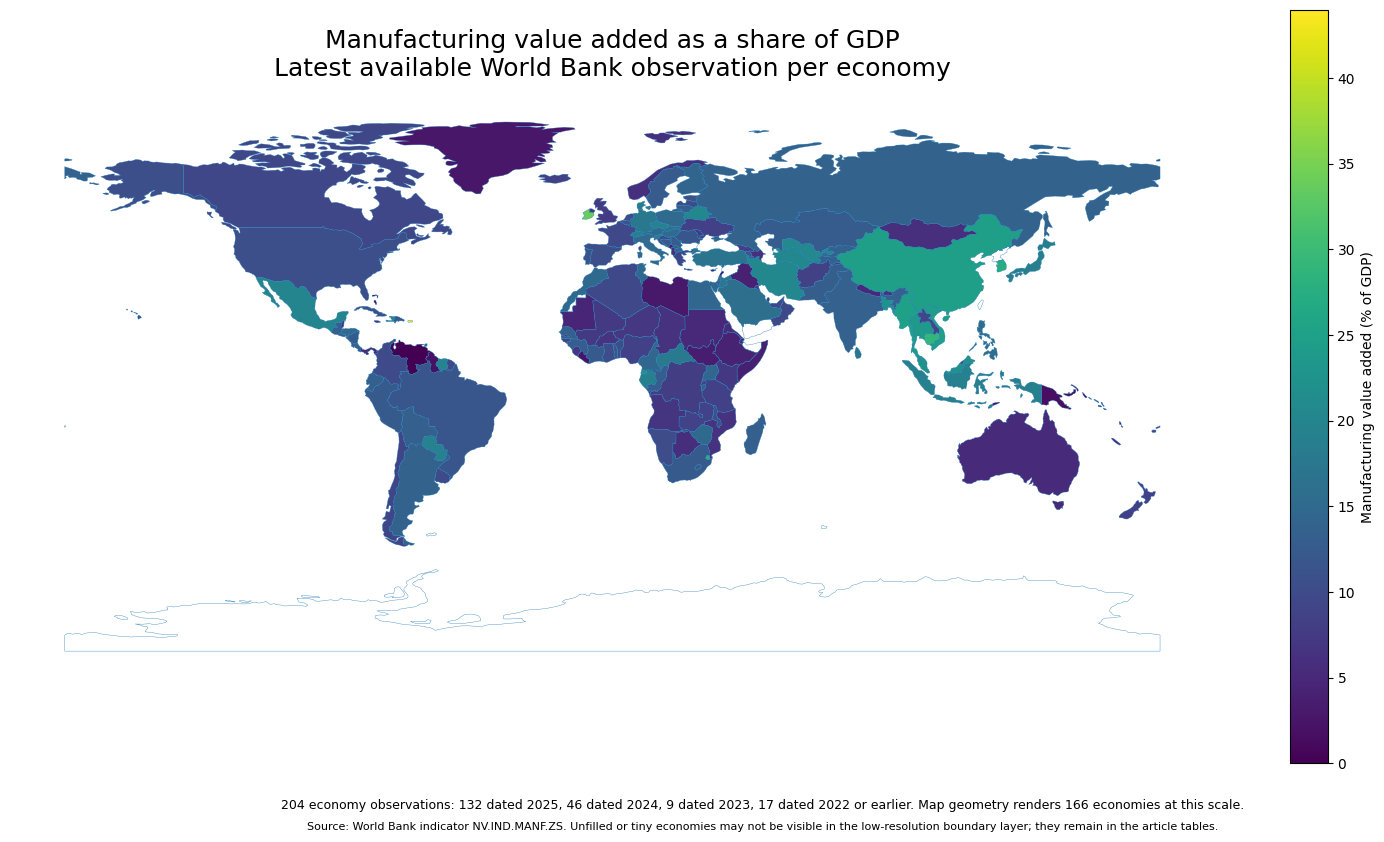 Mapa mundial de la última proporción disponible del valor agregado manufacturero sobre el PIB