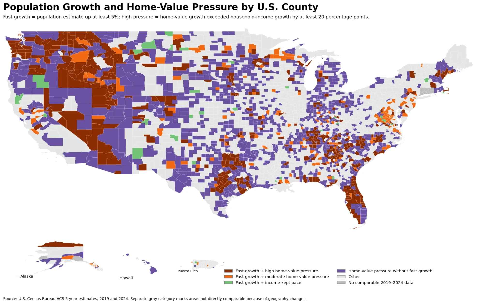 U.S. county population growth and home-value pressure map