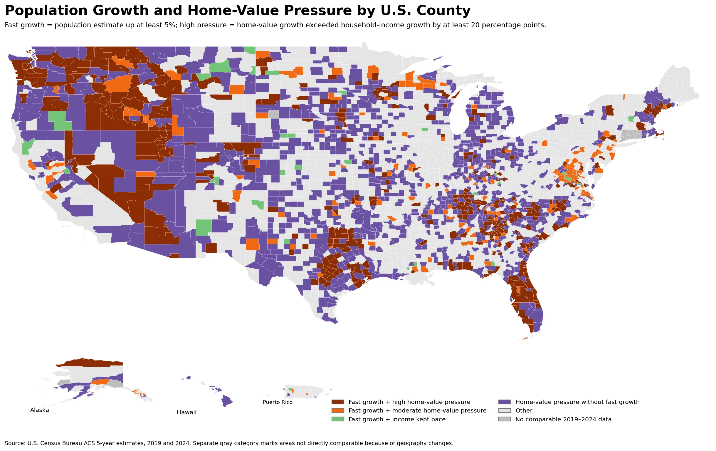 U.S. county population growth and home-value pressure map