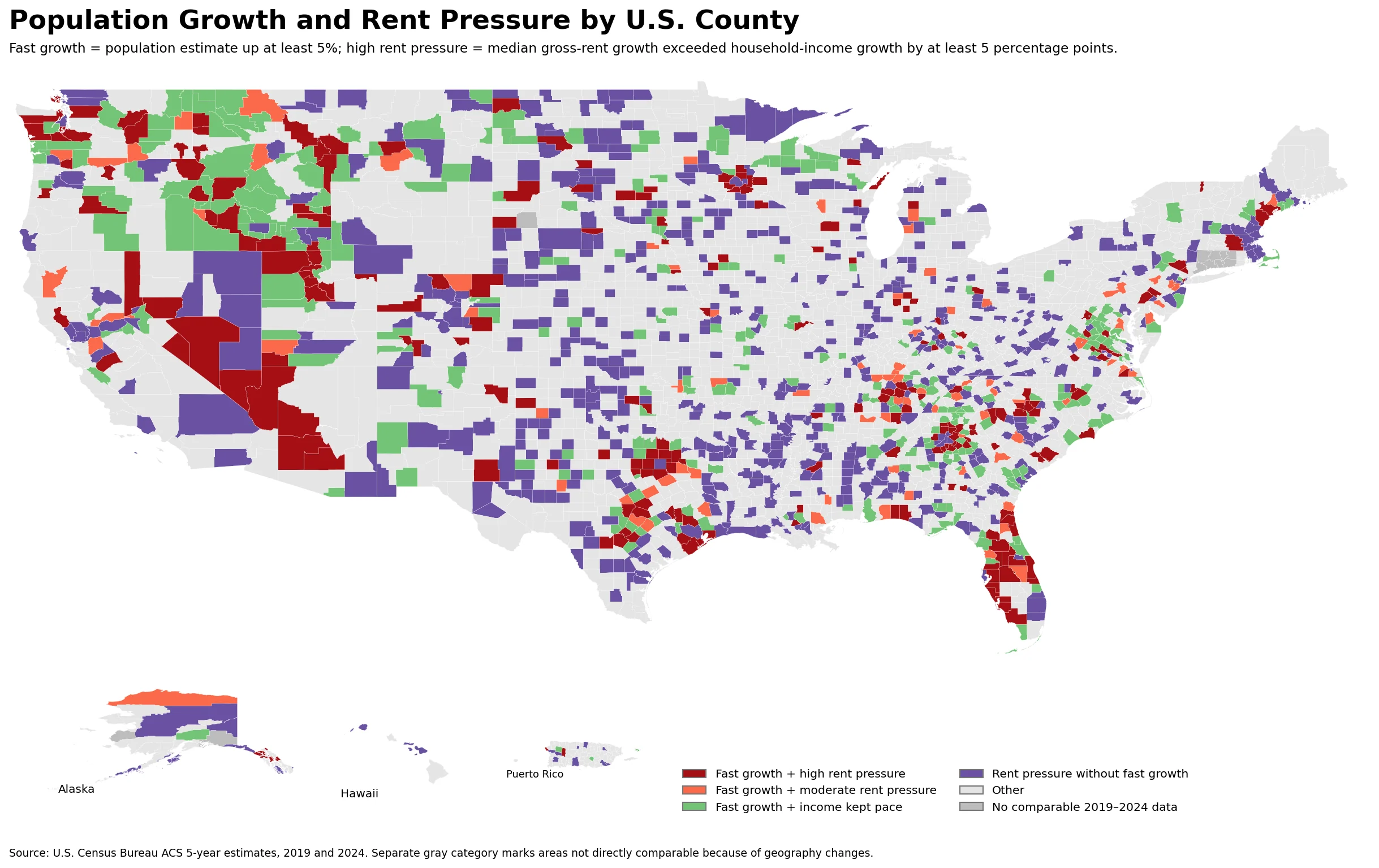 U.S. county population growth and rent pressure map