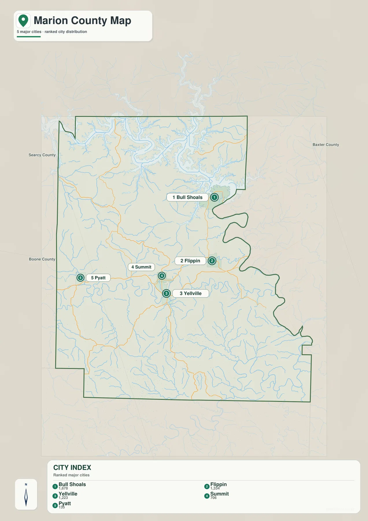 Bull Shoals, Flippin, Yellville, Summit, Pyatt의 위치와 순위를 표시한 매리언 카운티 도시 지도