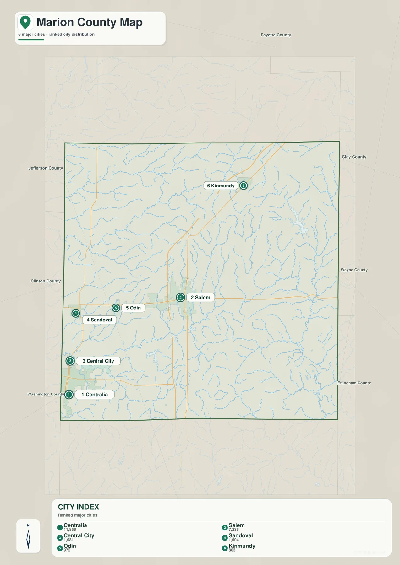 Centralia, Salem, Central City, Sandoval, Odin, Kinmundy의 위치와 순위를 보여 주는 Marion County 도시 지도