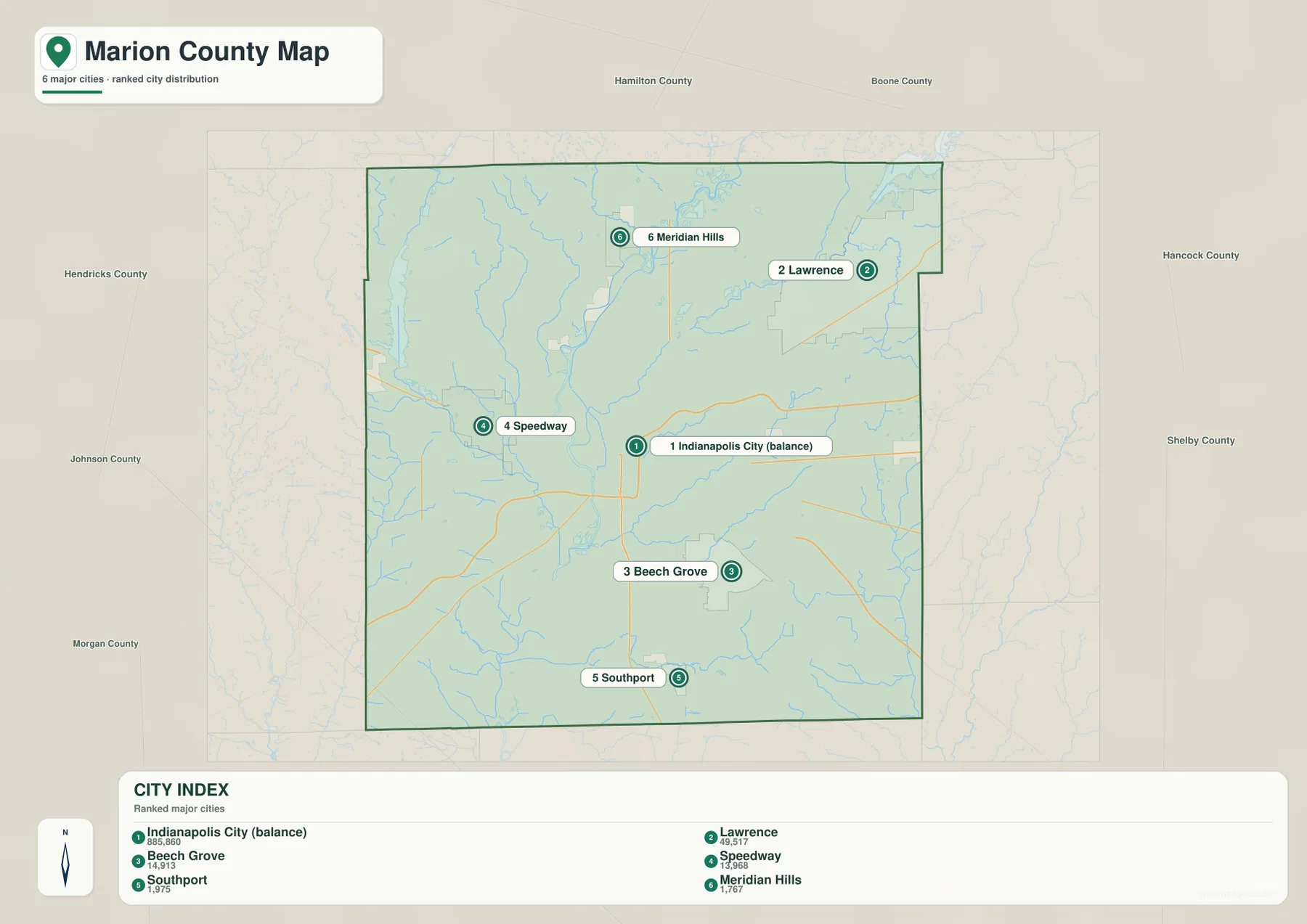 Marion County city index map ranking Indianapolis City (balance), Lawrence, Beech Grove, Speedway, Southport, and Meridian Hills