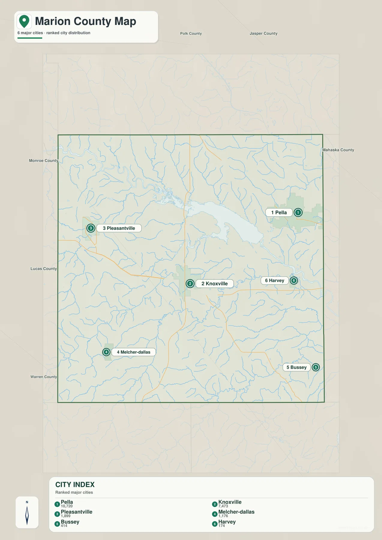 Marion County Iowa Pella Knoxville Pleasantville Melcher Dallas Bussey Harvey 도시 지도