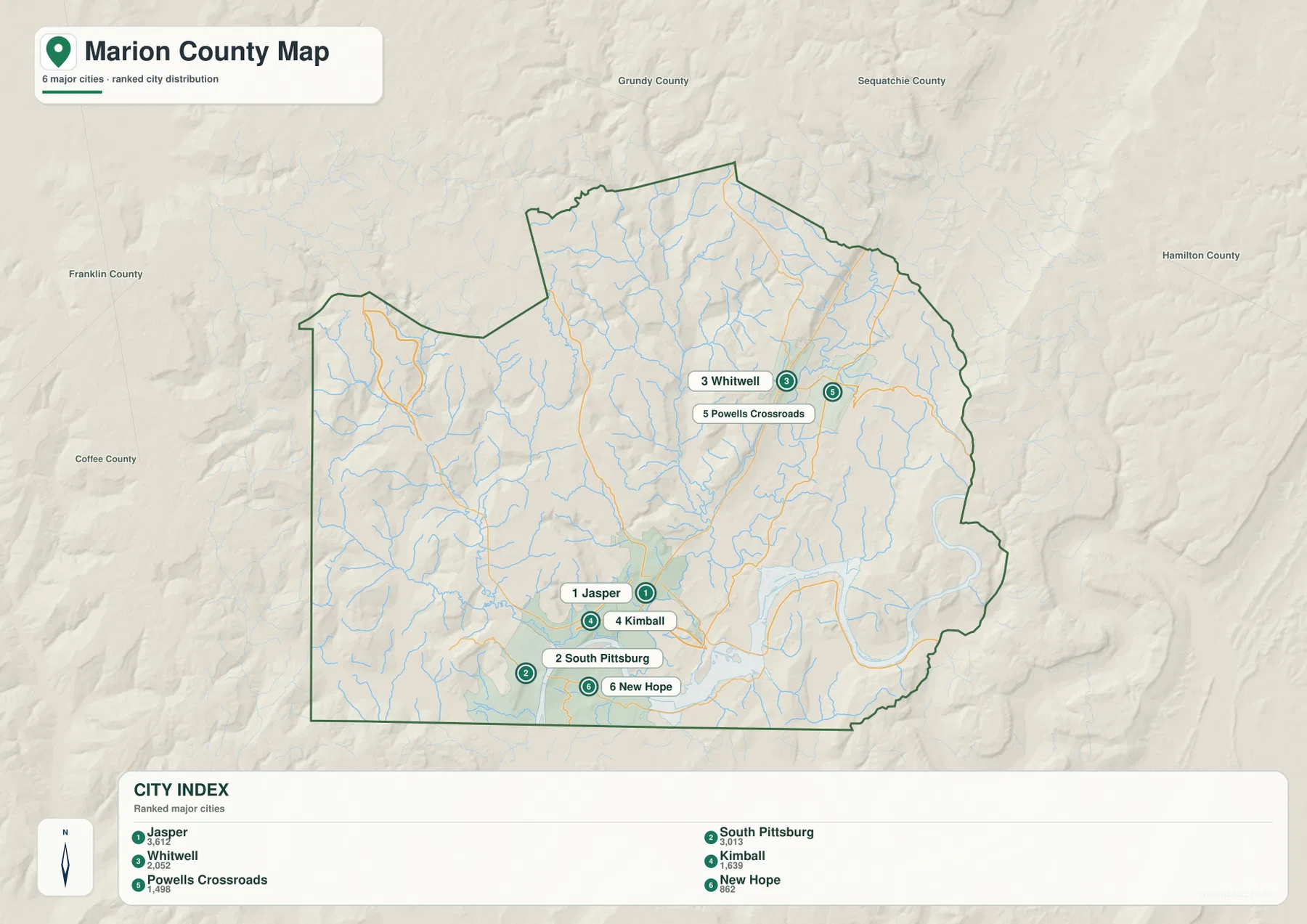 Marion County city map ranking Jasper, South Pittsburg, Whitwell, Kimball, Powells Crossroads and New Hope