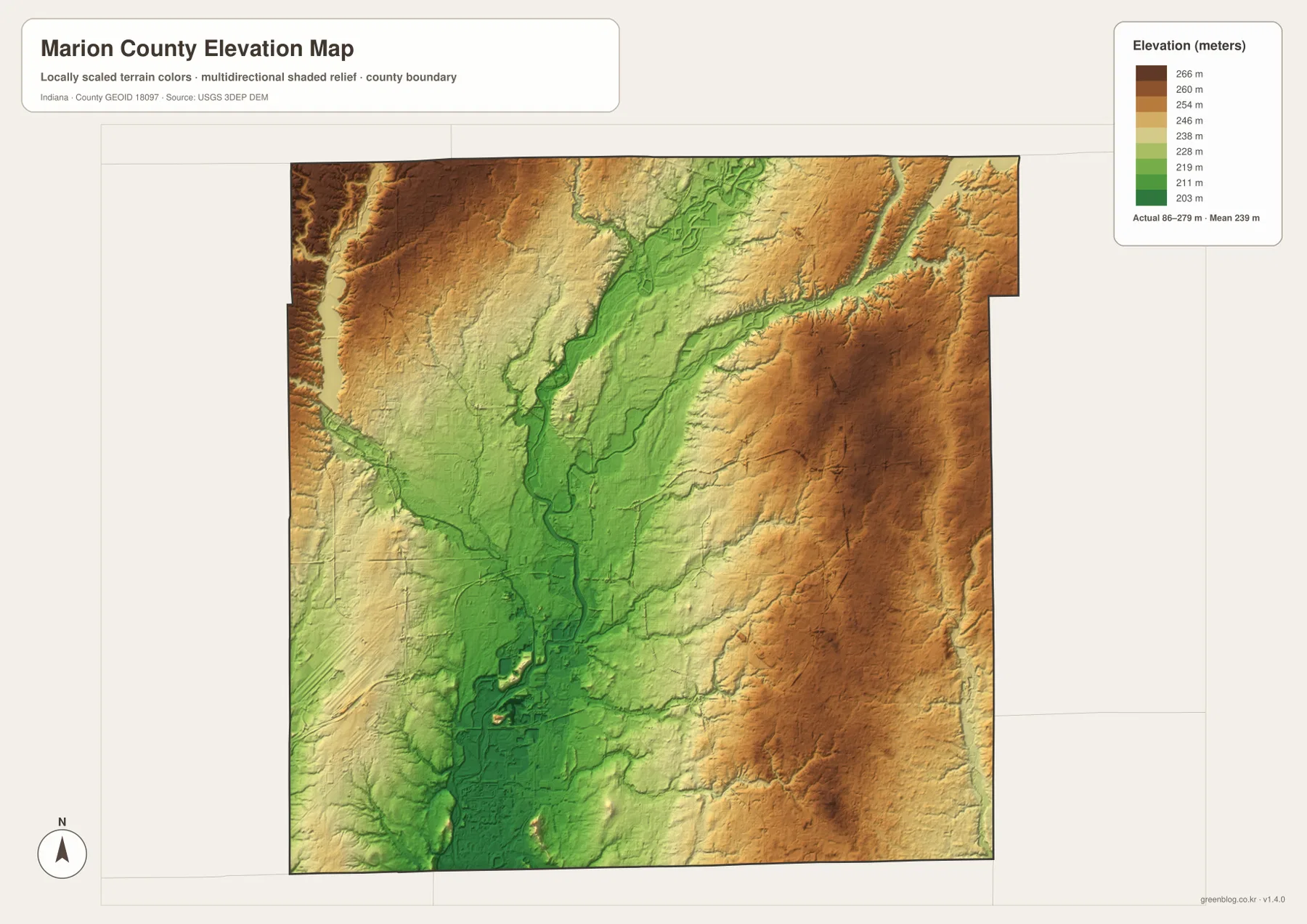 Marion County elevation map showing a low green White River corridor through the center and higher tan-brown terrain on the western and eastern sides