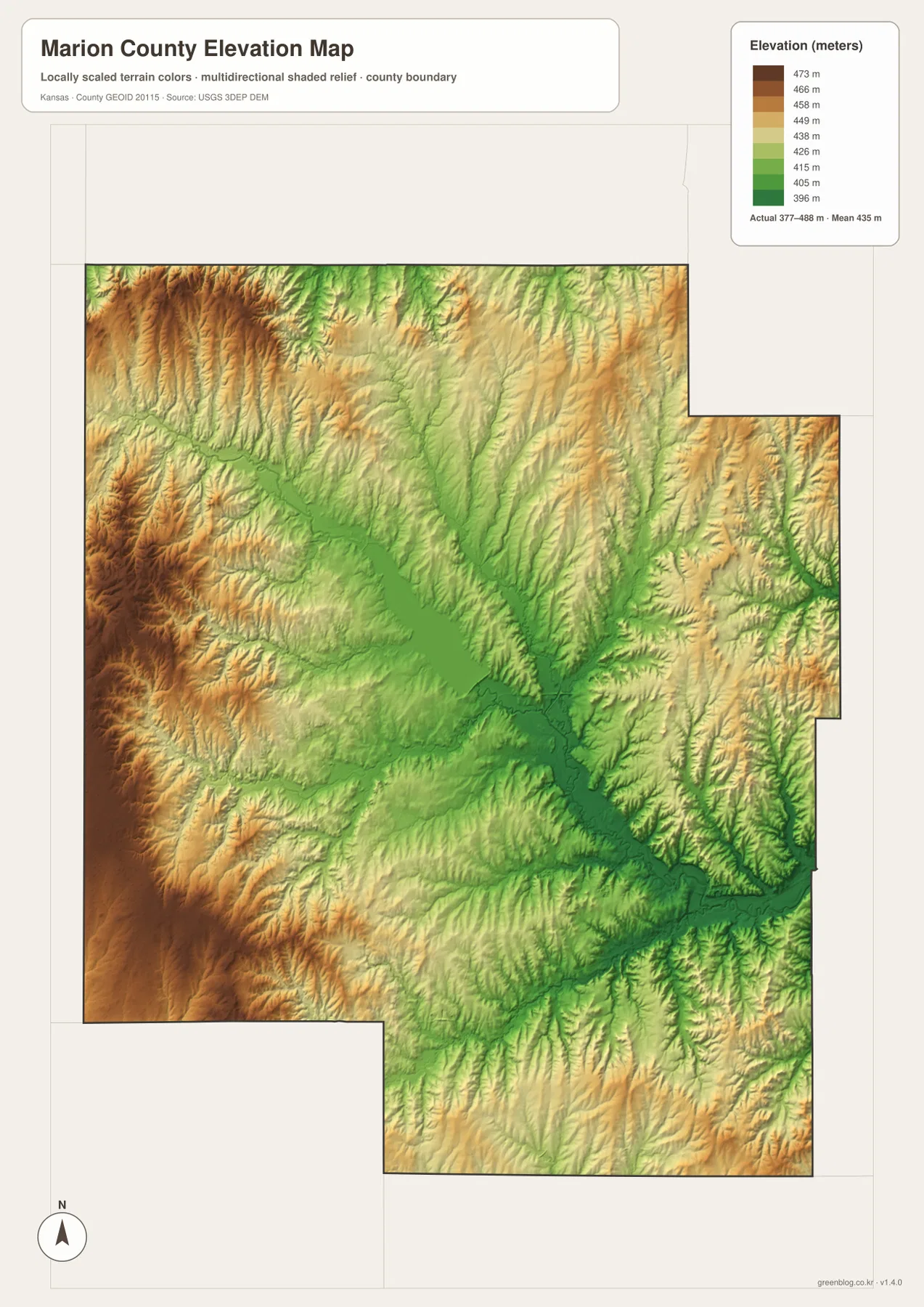 Marion County Kansas 377~488m 고도 서부 북서부 고지와 Cottonwood River 저지 지도