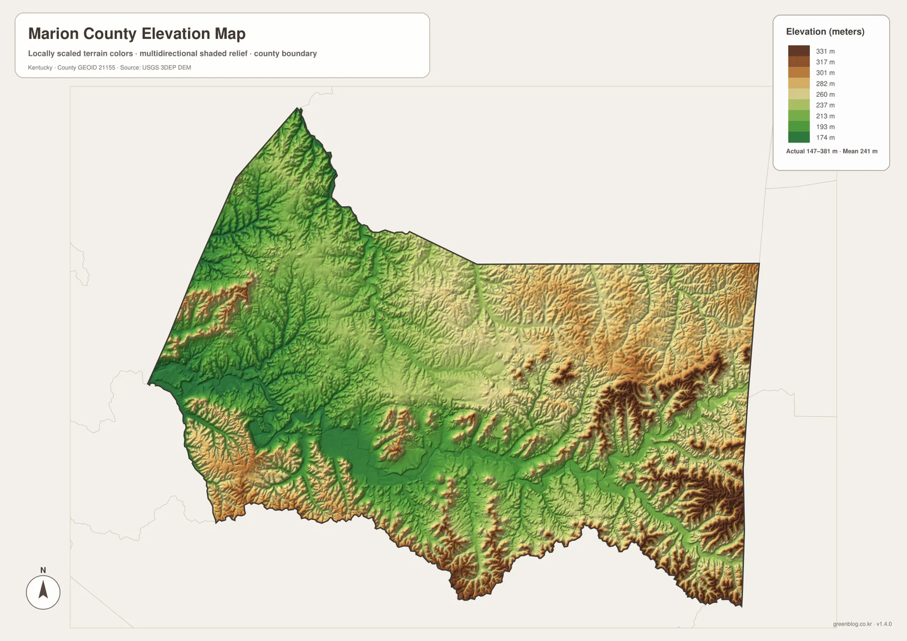 Marion County elevation map showing the 147 to 381 meter range, lower western stream valleys, and higher eastern and southeastern ridges