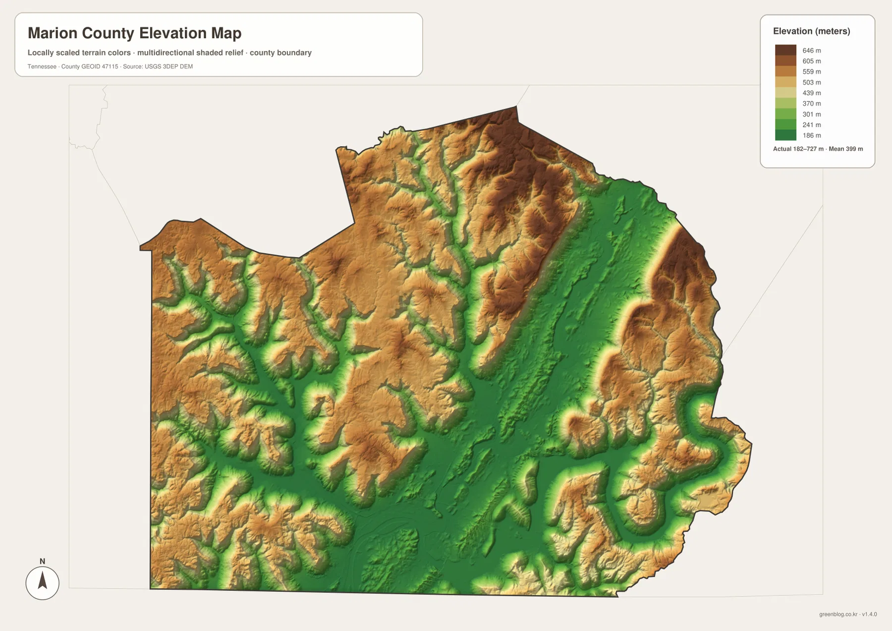 Marion County Tennessee elevation map with 182 to 727 meter relief across valleys and ridges