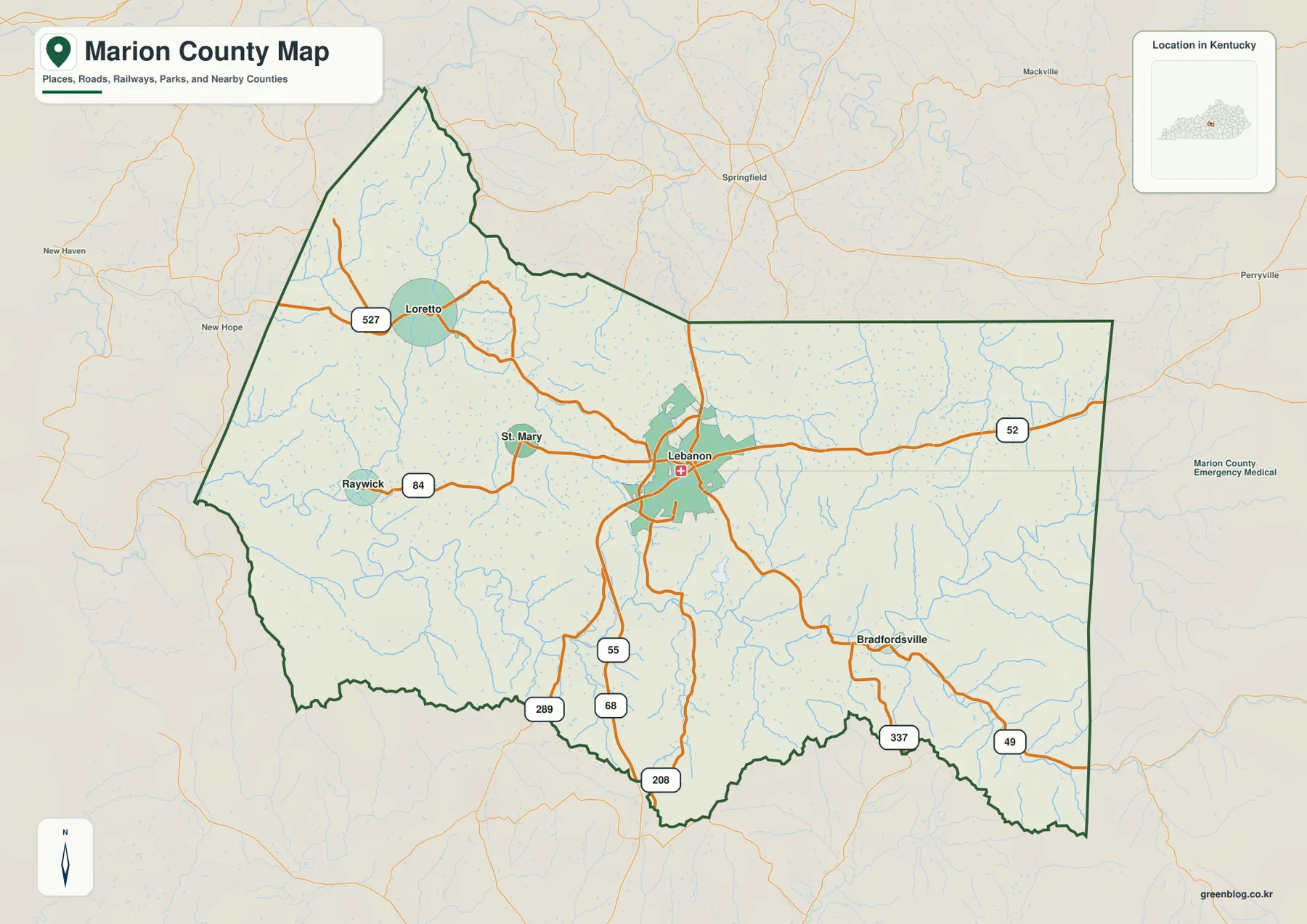 Marion County Kentucky map showing Lebanon, Loretto, St. Mary, Raywick, Bradfordsville, and major numbered roads