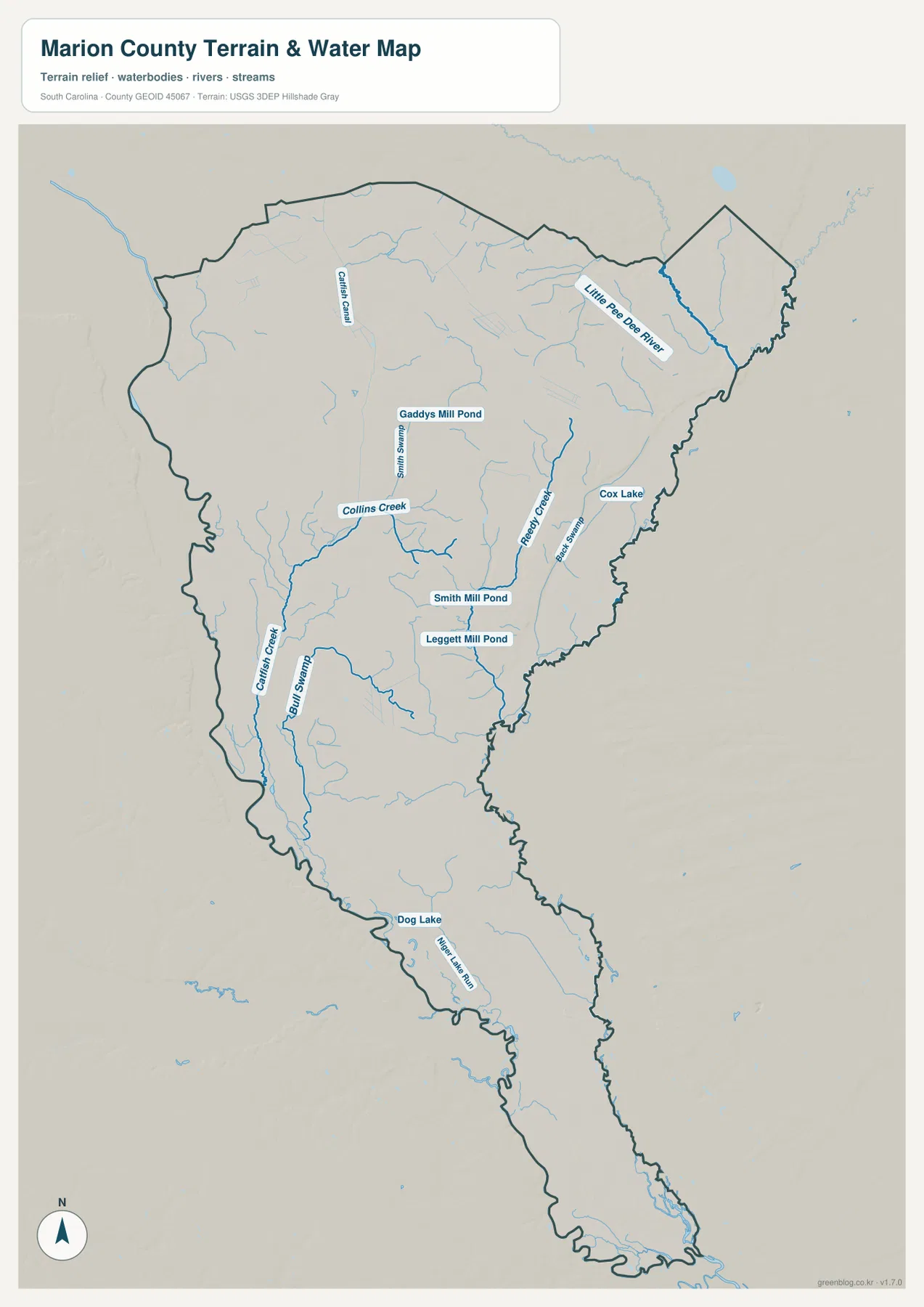 Marion County terrain and water map showing Little Pee Dee River, Collins Creek, Ready Creek, Raft Swamp, ponds, lakes, and smaller streams