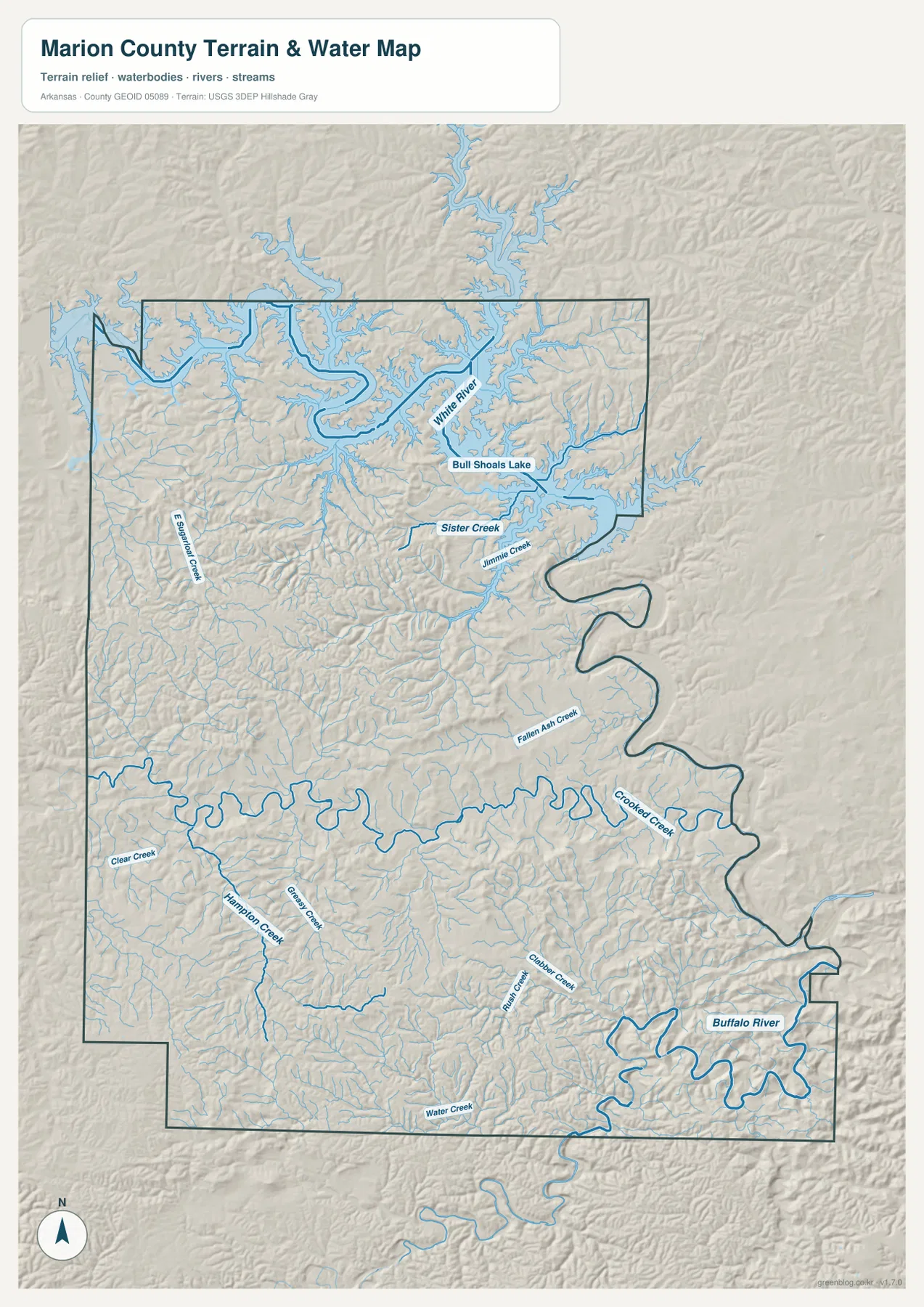 Bull Shoals Lake, White River, Crooked Creek, Buffalo River와 여러 산지 하천을 표시한 매리언 카운티 수역 지형 지도