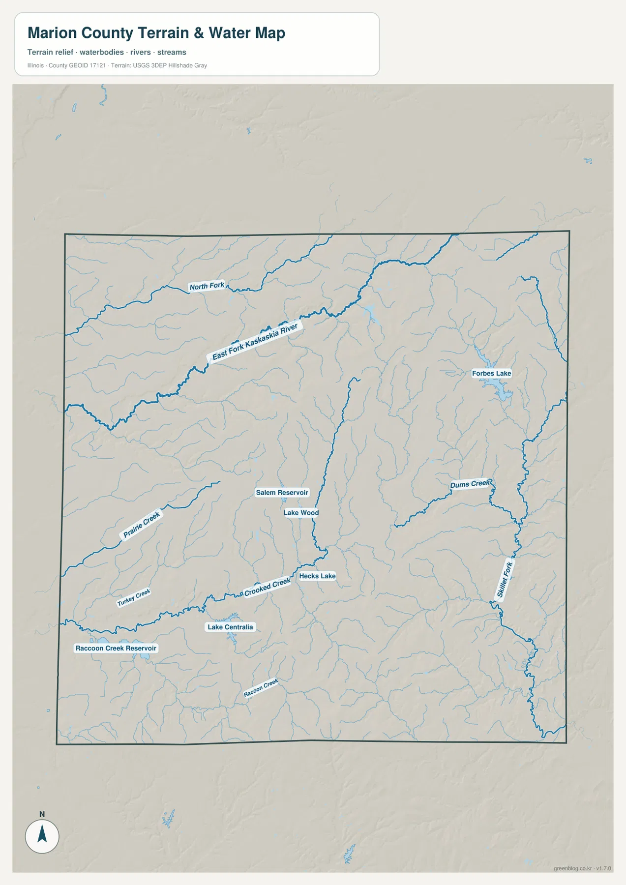 East Fork Kaskaskia River, North Fork, Skillet Fork, Crooked Creek, Salem Reservoir와 Lake Centralia를 보여 주는 Marion County 수역 지도