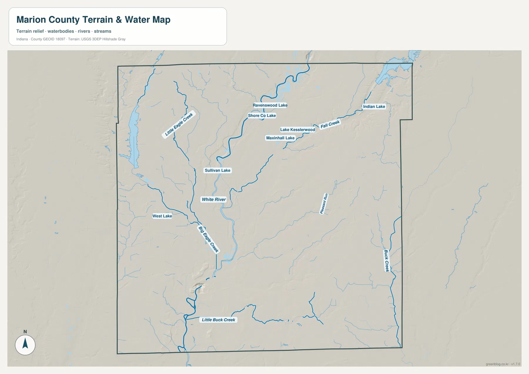 Marion County terrain and water map showing White River, Fall Creek, Big Eagle Creek, Little Eagle Creek, Pleasant Run, Buck Creek, Little Buck Creek, and several small lakes