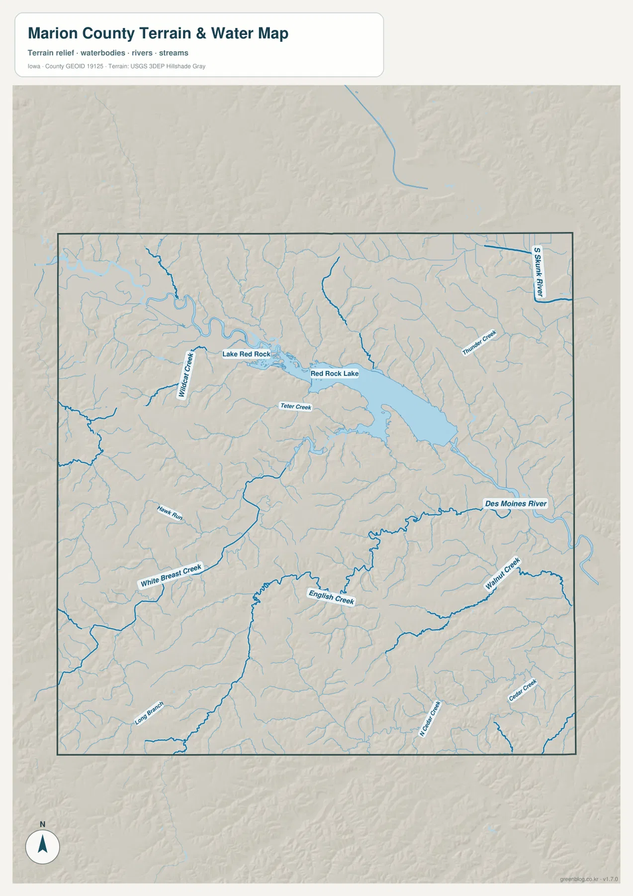 Marion County Iowa Lake Red Rock Des Moines River White Breast Creek 물 지형 지도