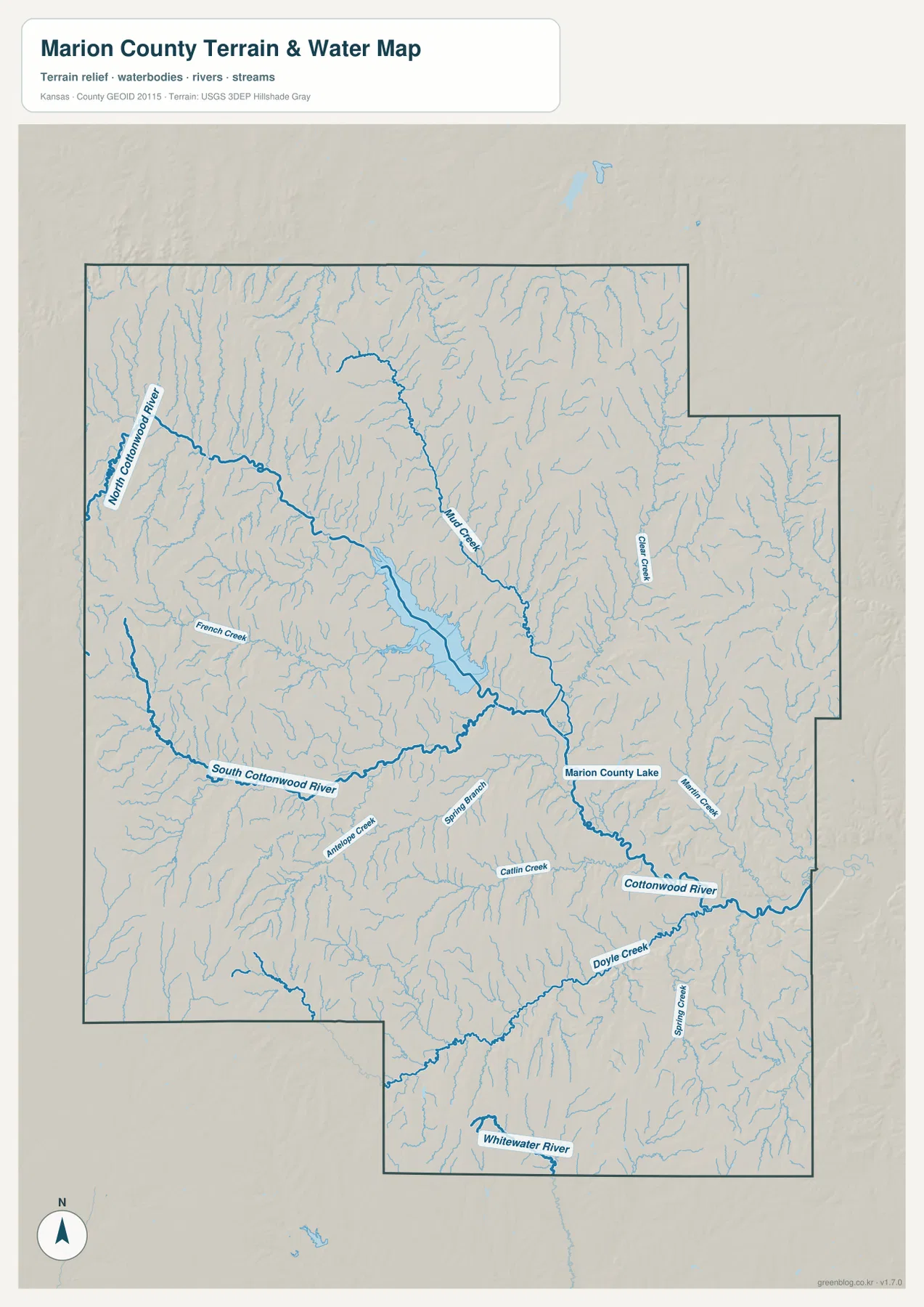 매리언 카운티 Marion Reservoir, Marion County Lake, North South Cottonwood River와 Whitewater River 수역 지도