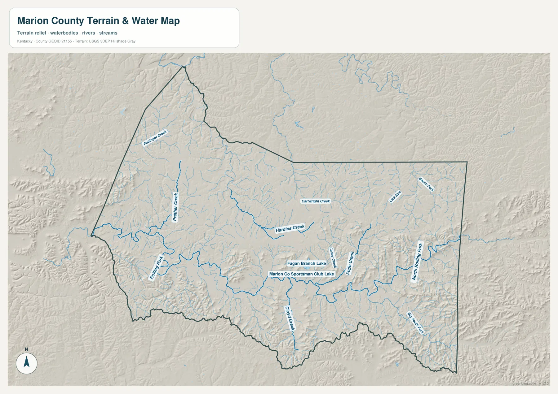 Marion County terrain and water map showing Rolling Fork, North Rolling Fork, Pottinger Creek, Prather Creek, Hardins Creek, Pope Creek, Casey Creek, and small lakes