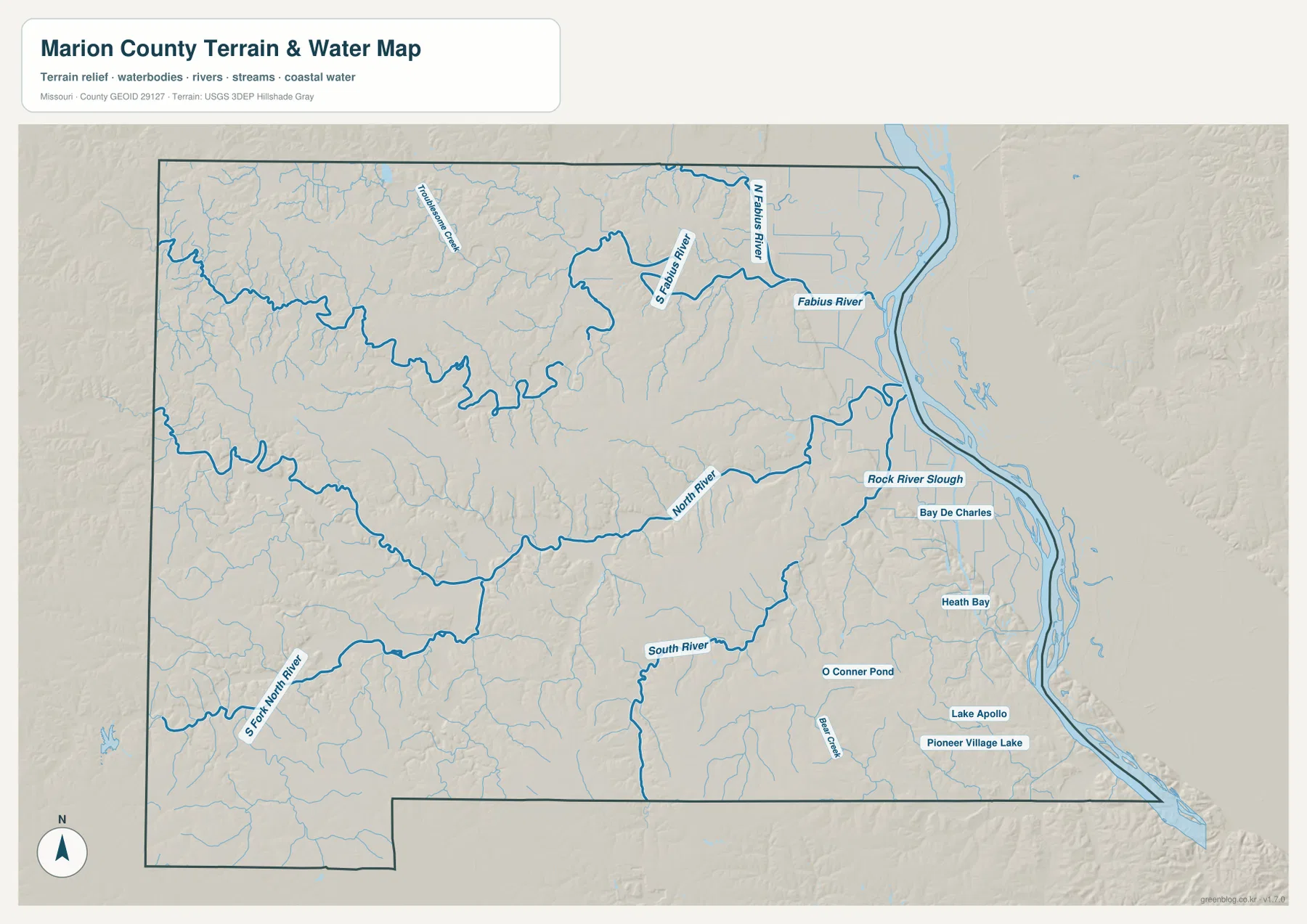 Mississippi River, Fabius River, North River와 South River를 표시한 매리언 카운티 수역 지도