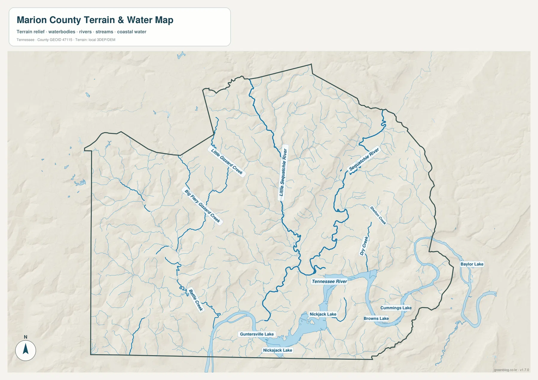 Marion County water map showing Tennessee River, Nickajack Lake, Sequatchie River and named creeks