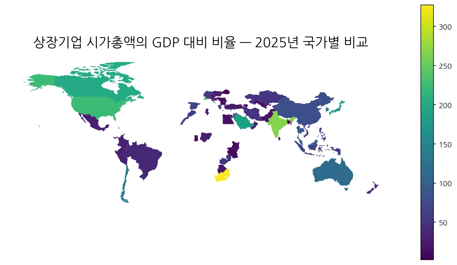 2025년 상장기업 시가총액의 GDP 대비 비율 세계 지도