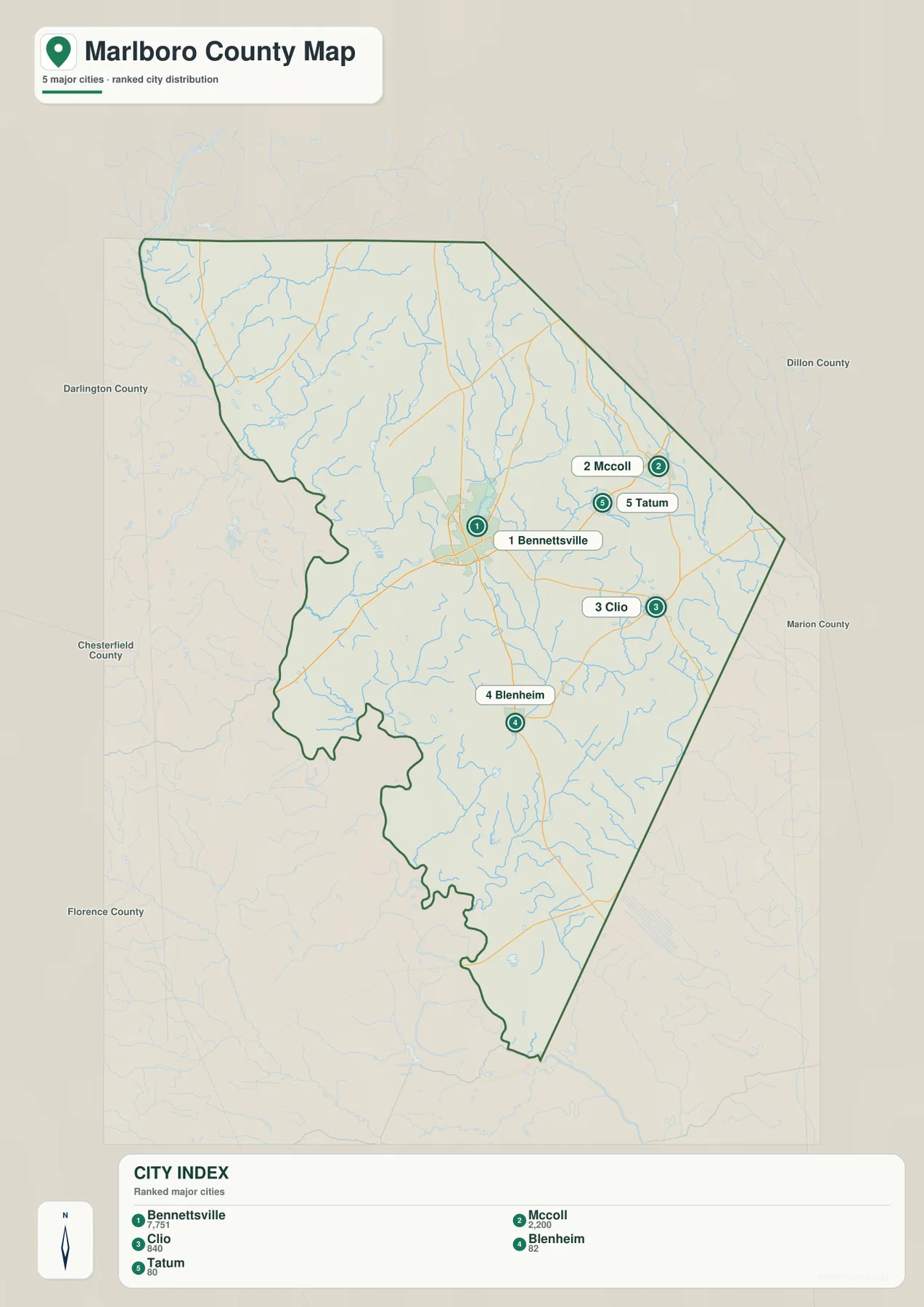 Bennettsville, McColl, Clio, Blenheim, Tatum 위치를 표시한 말보로 카운티 도시 지도