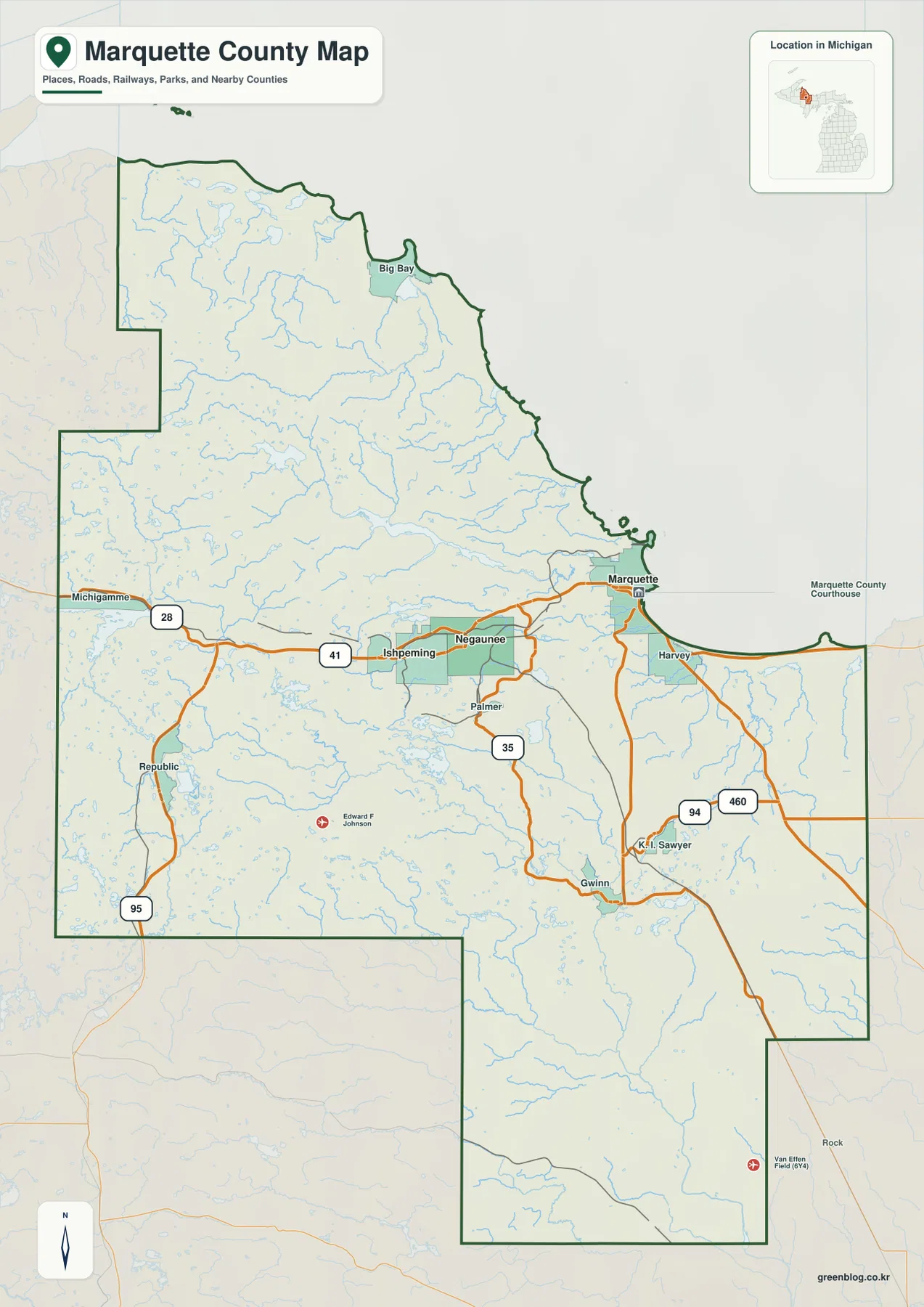 미시간주 마켓 카운티 지도 – Marquette, Negaunee, Ishpeming, US-41, M-28, Big Bay와 Gwinn