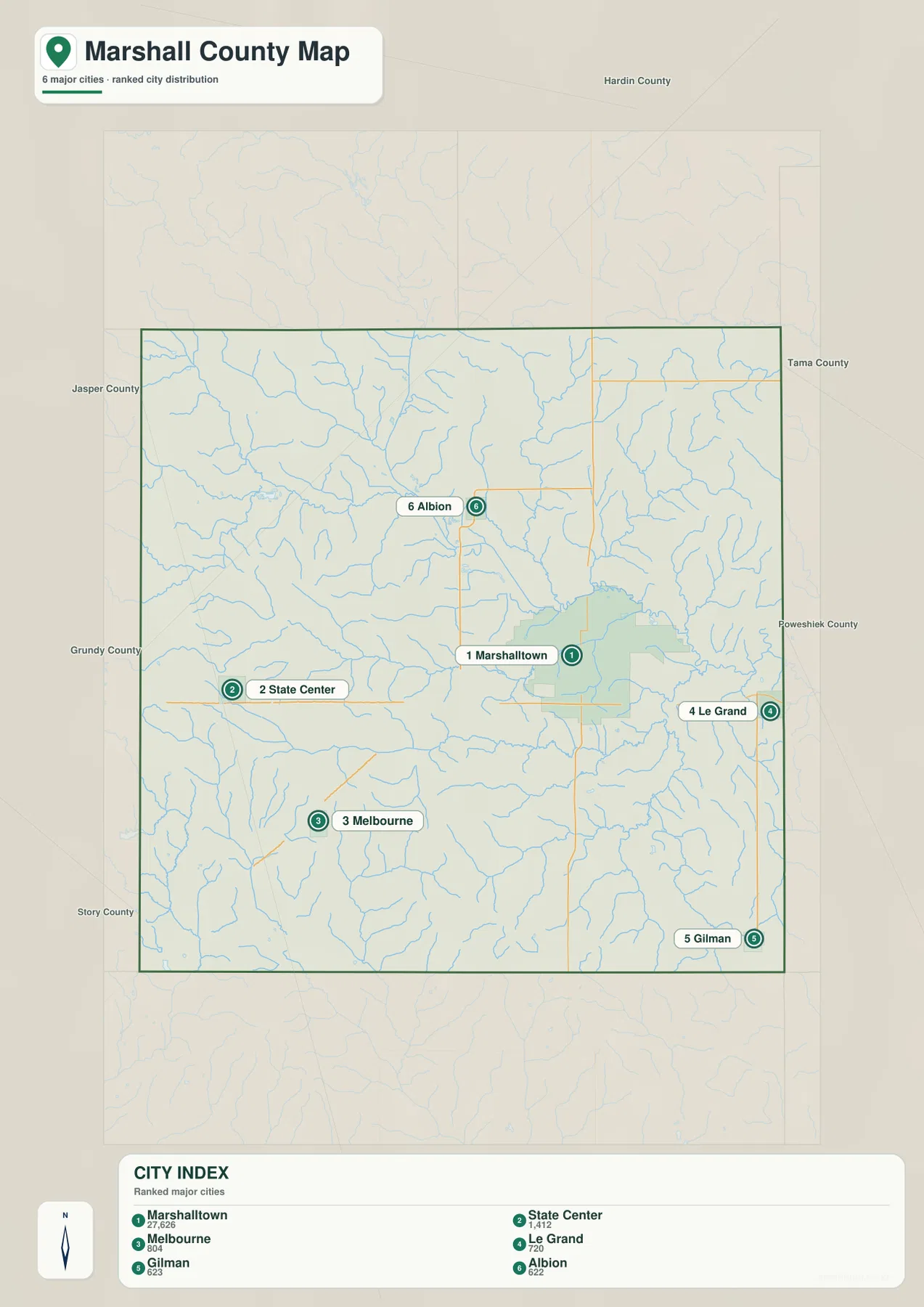 Marshall County Iowa Marshalltown State Center Melbourne Le Grand Gilman Albion 도시 지도