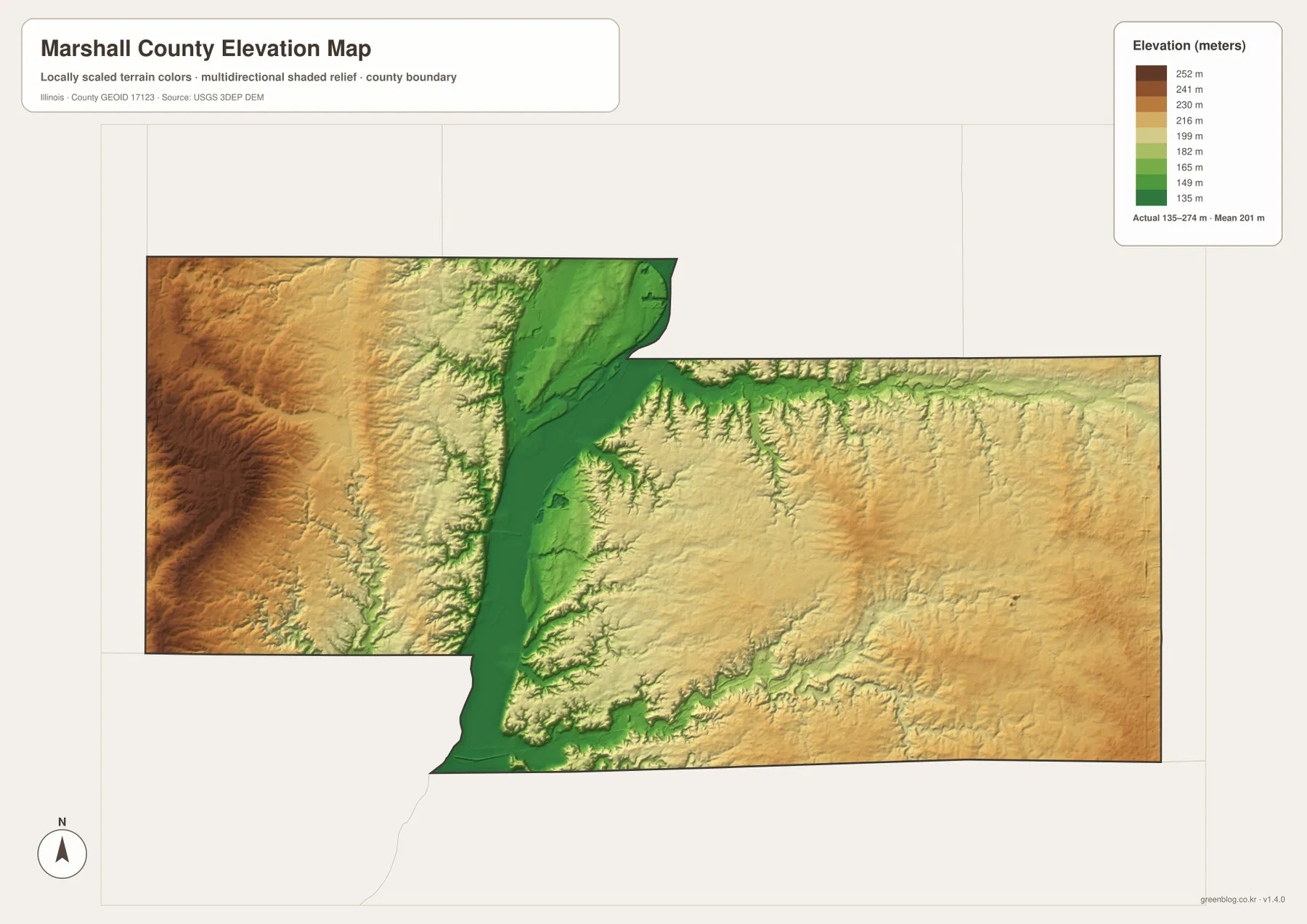 135~274m 범위의 Marshall County 고도와 Illinois River 저지대, 서부 고지, 동부 하천 골짜기를 보여 주는 지도