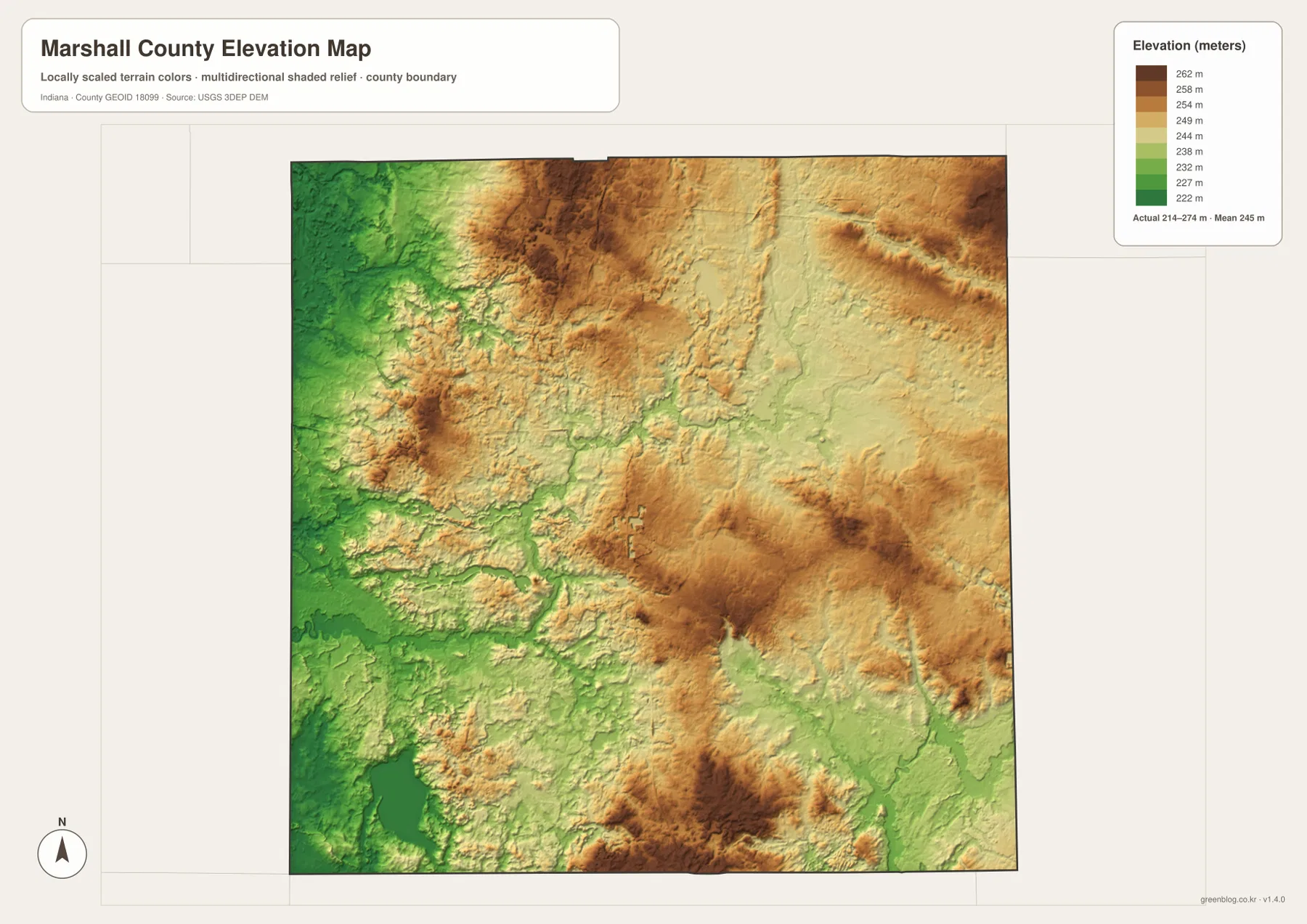 Marshall County elevation map showing low green terrain in the west and Yellow River valley and higher tan-brown ground across the north-central and eastern county