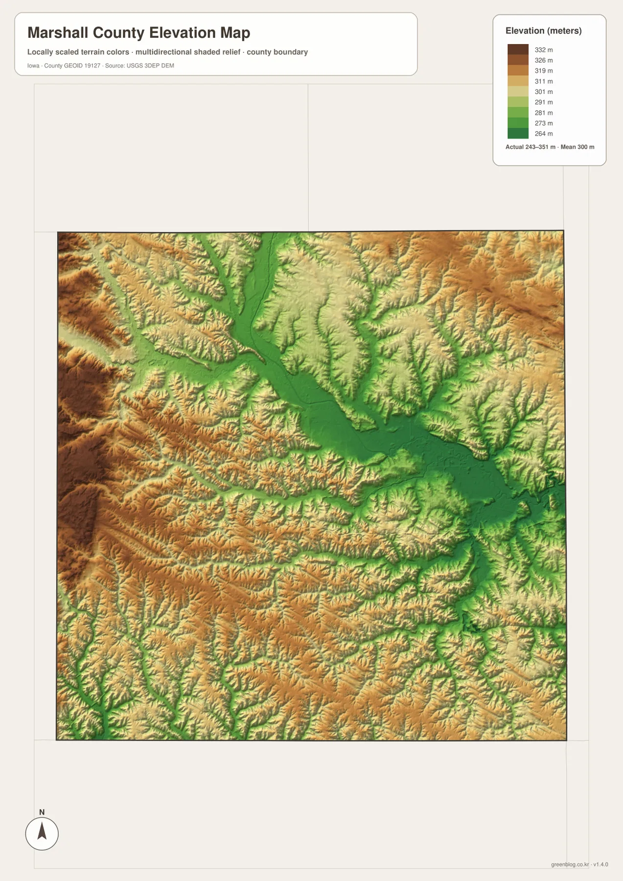 Marshall County Iowa 243 351m 고도 Iowa River 서부 능선 지도