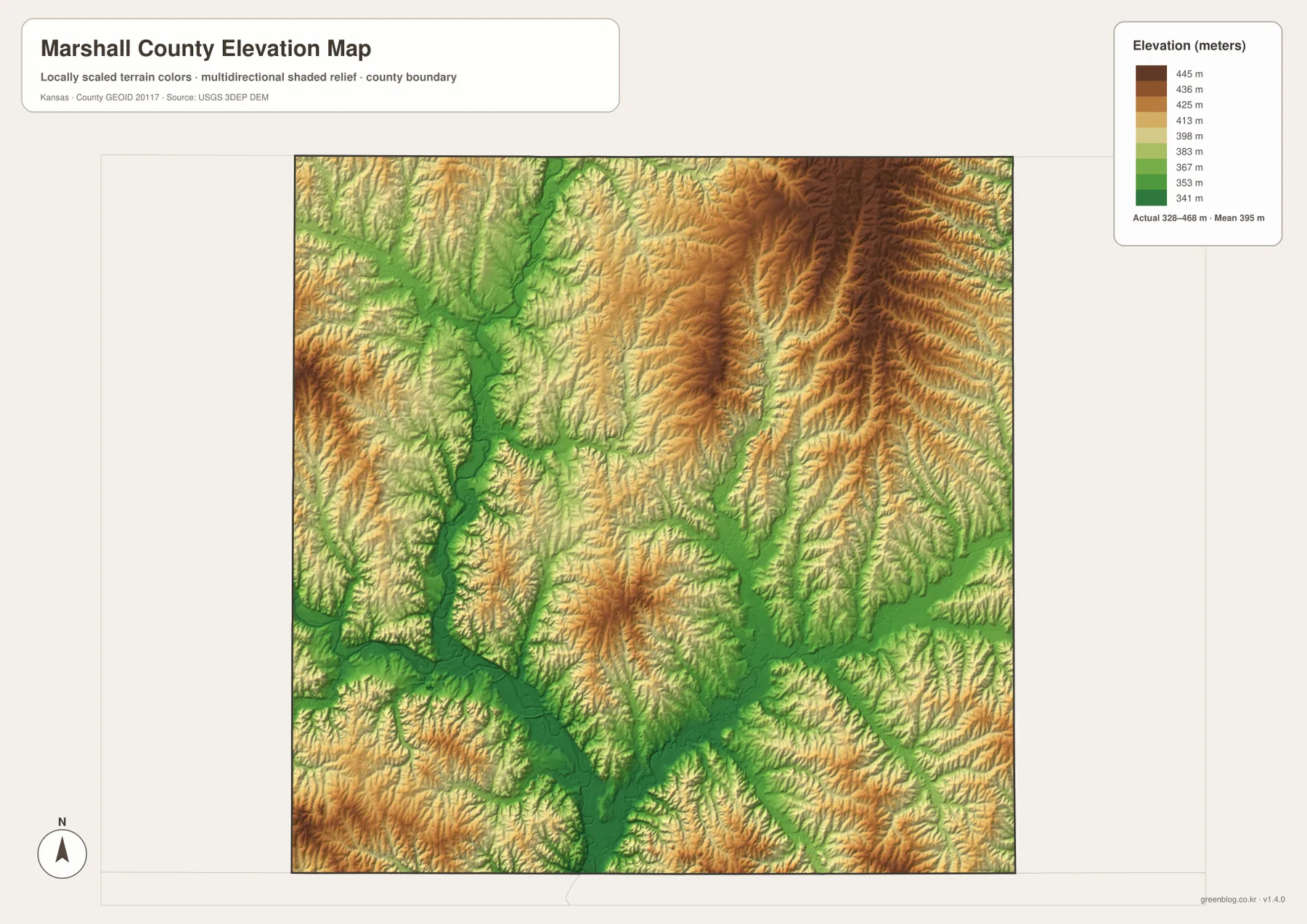 Marshall County Kansas 328~468m elevation map showing Big Blue River lowlands and northeastern uplands