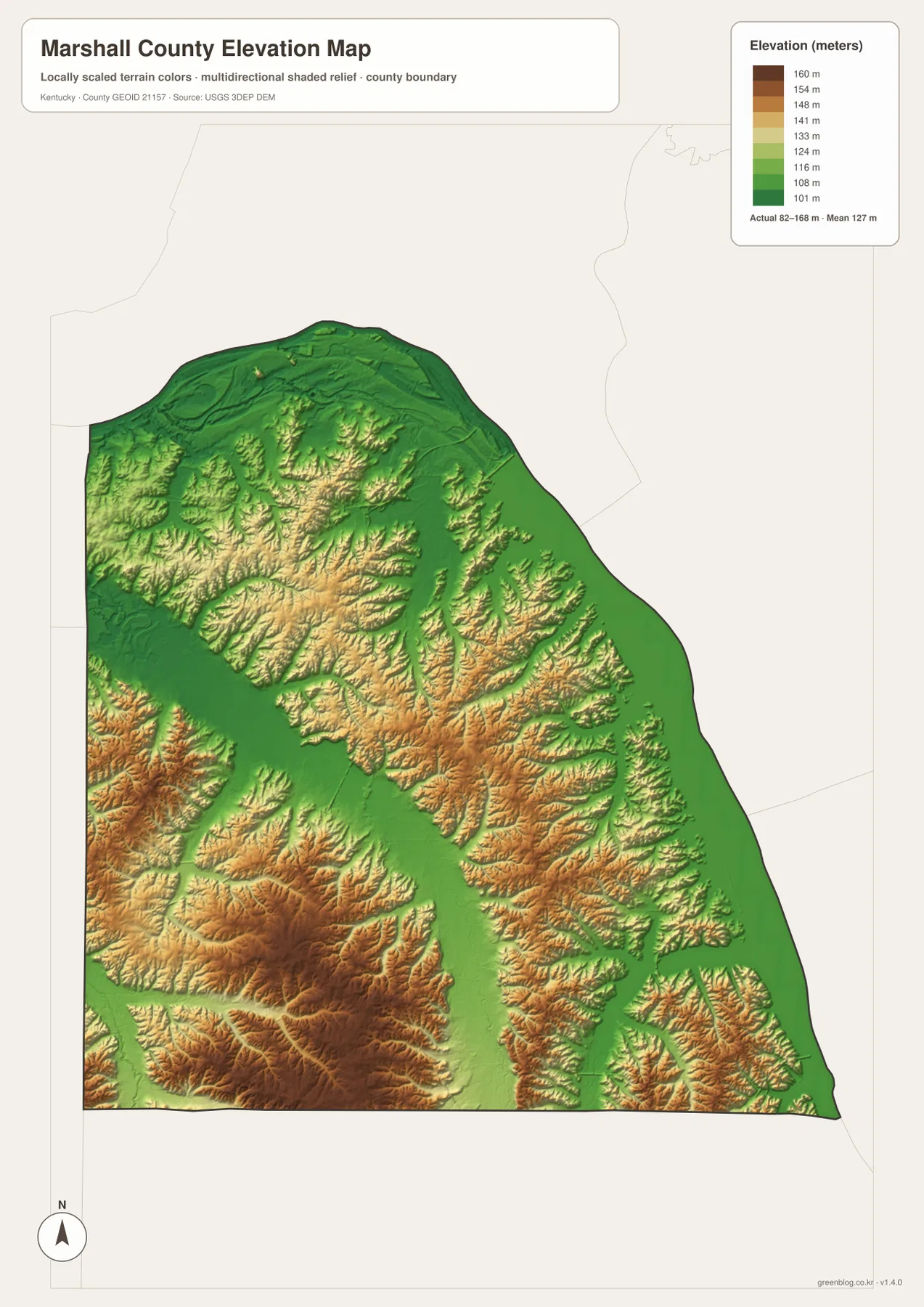 Marshall County elevation map showing the 82 to 168 meter range, low Kentucky Lake shoreline, and higher central and southwestern hills