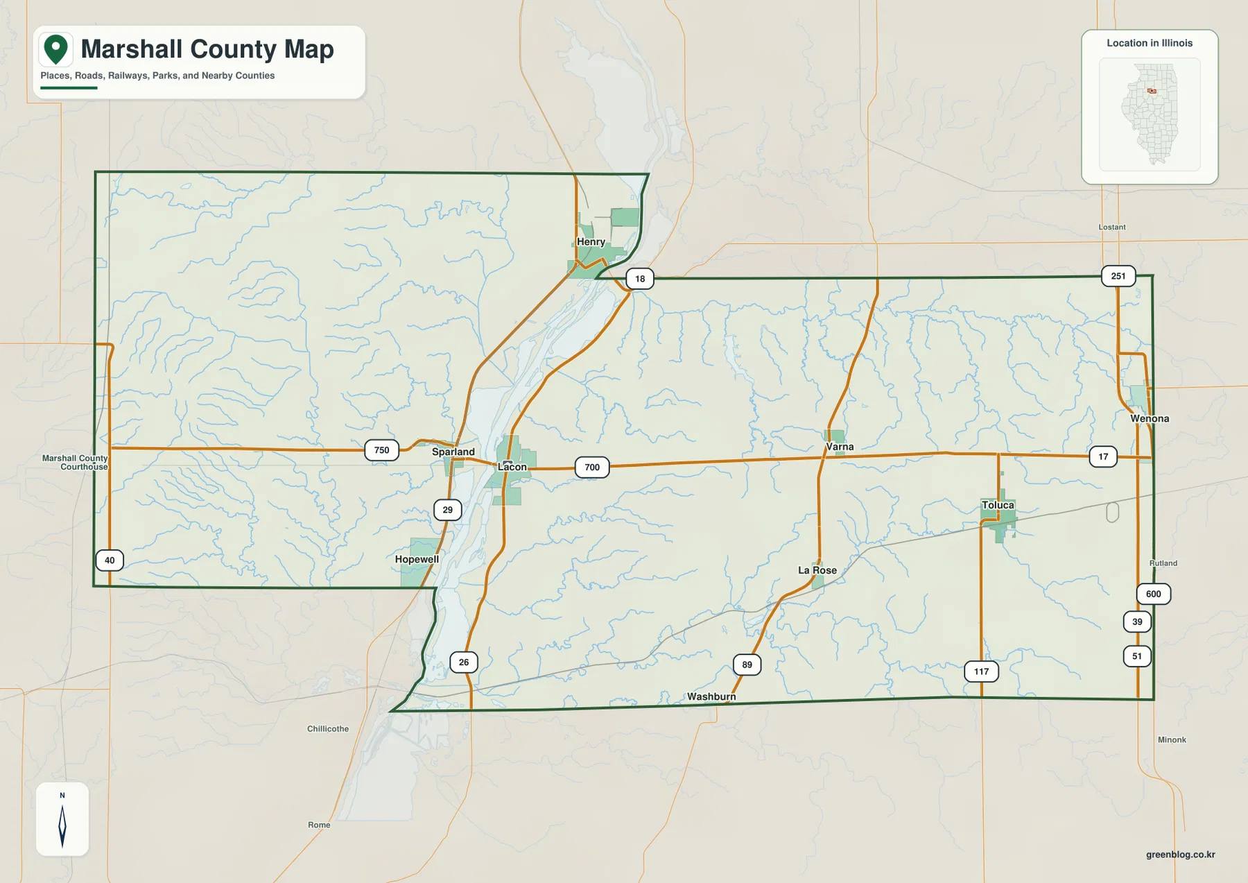 Henry, Lacon, Varna, Toluca, Wenona와 Illinois River, 주요 도로를 보여 주는 일리노이주 Marshall County 지도