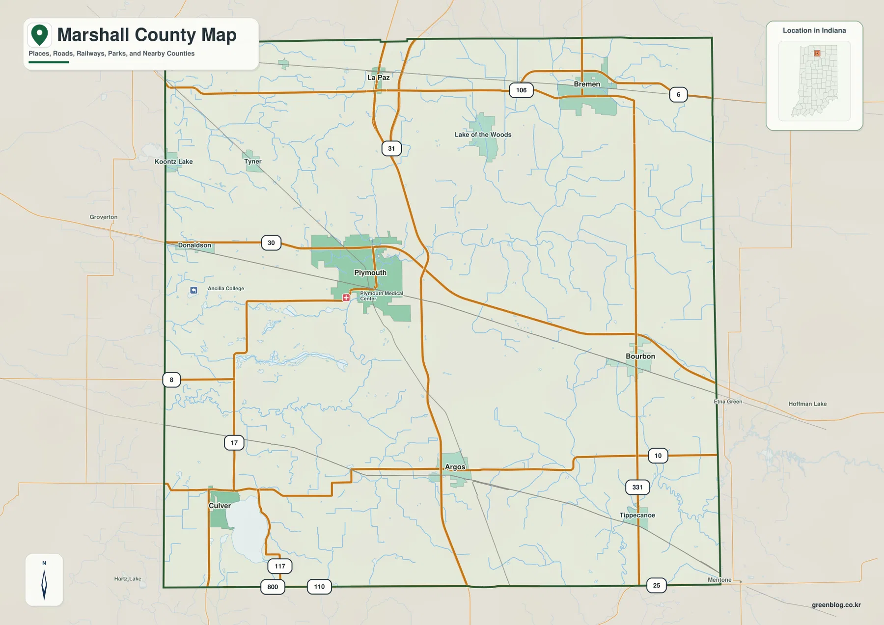 Marshall County Indiana general map showing Plymouth, Bremen, La Paz, Argos, Bourbon, Culver, U.S. 31, U.S. 30, and U.S. 6