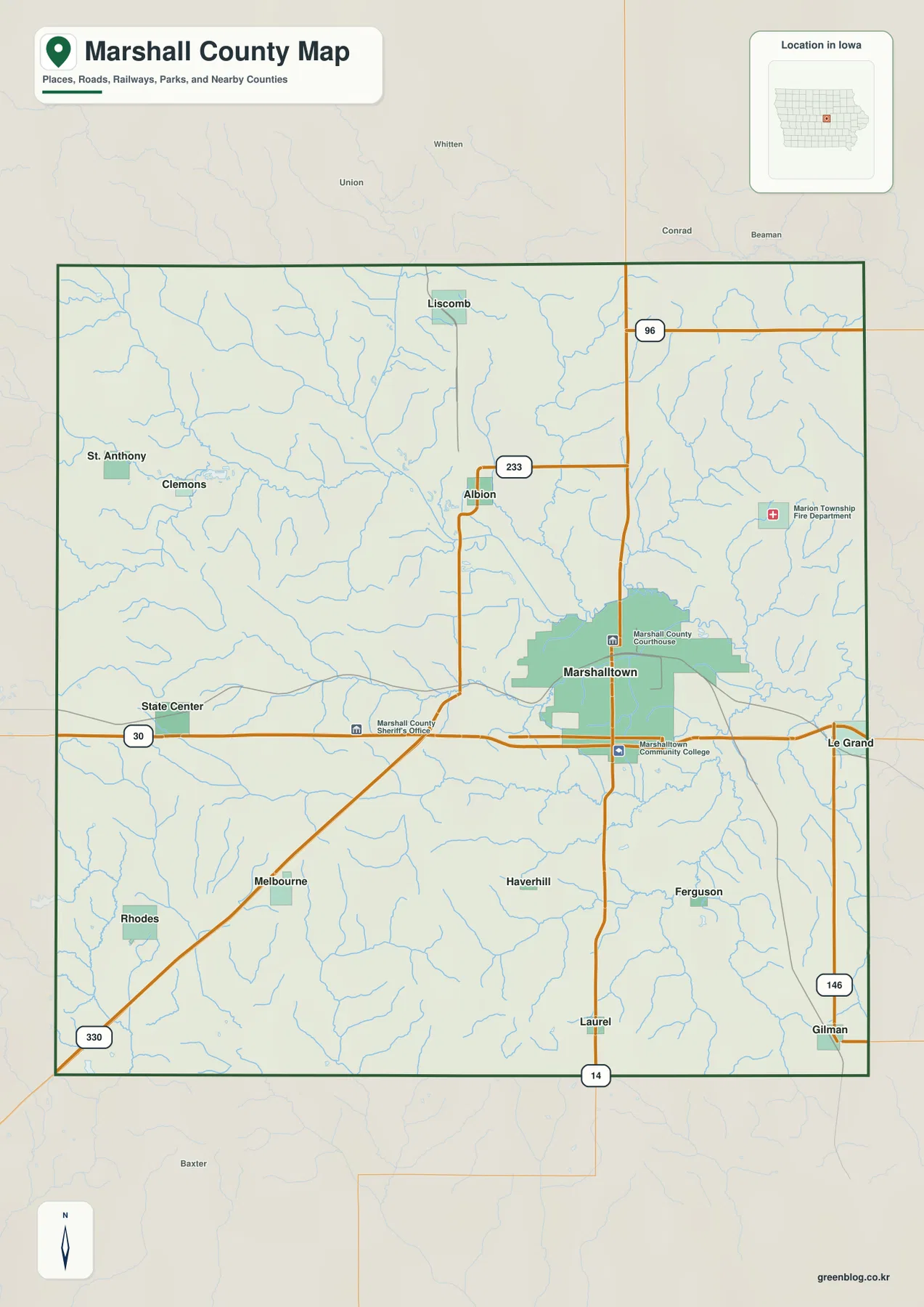 아이오와주 Marshall County Marshalltown State Center U.S. 30 Iowa 14 지도