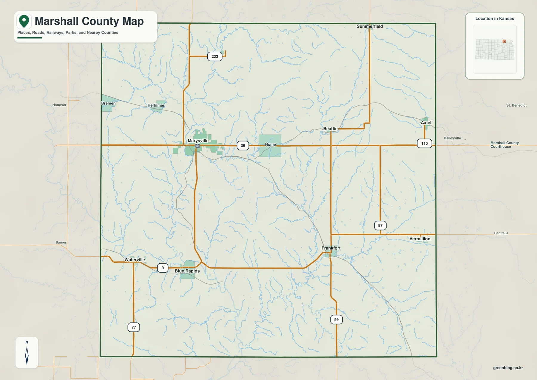 캔자스주 마셜 카운티 Marysville, US 36, US 77, Blue Rapids, Frankfort, Axtell 주요 도로 지도