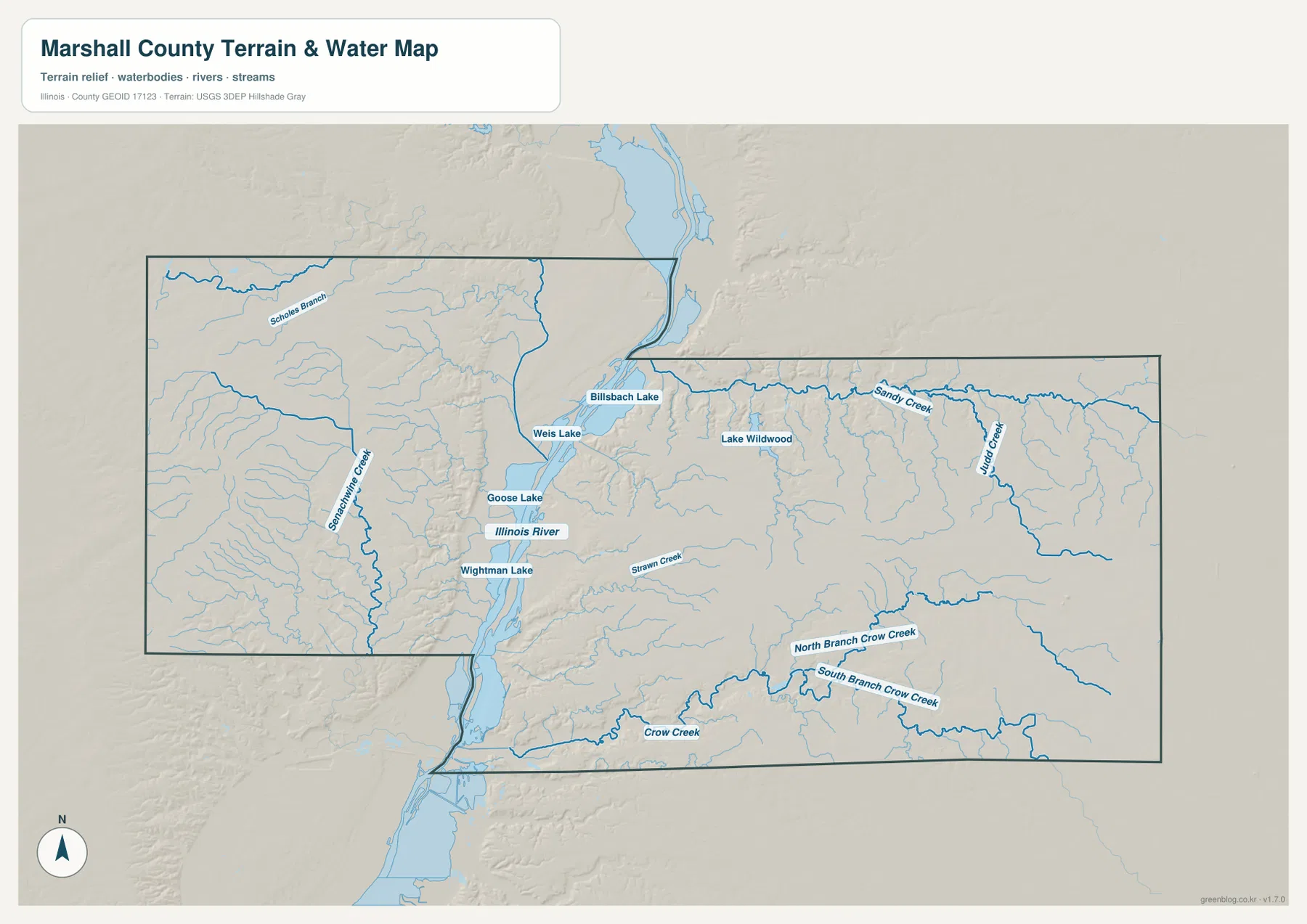 Illinois River, Senachwine Creek, Crow Creek, Sandy Creek, Judd Creek와 여러 호수를 보여 주는 Marshall County 수역 지도