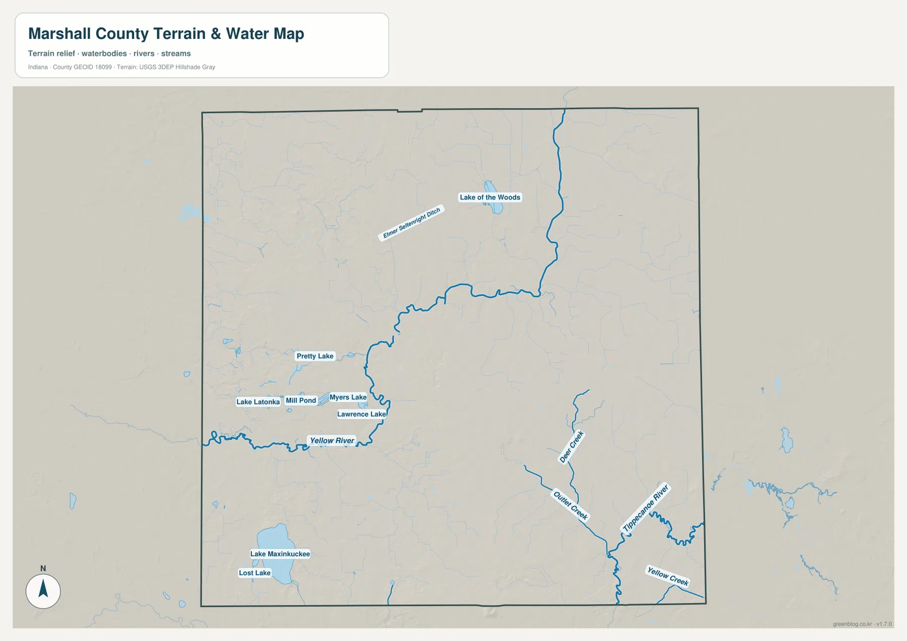 Marshall County terrain and water map showing Yellow River, Lake of the Woods, Pretty Lake, Lake Latonka, Myers Lake, Lawrence Lake, Lake Maxinkuckee, and Tippecanoe River