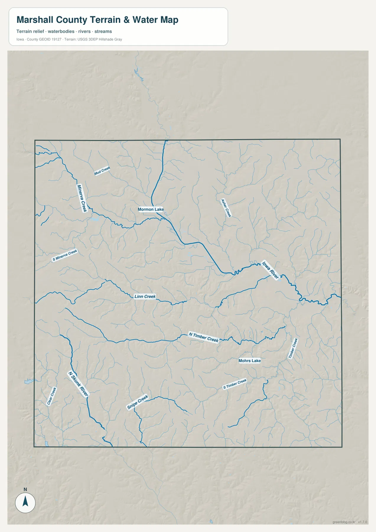 Marshall County Iowa Iowa River Minerva Creek Linn Creek North Skunk River 물 지형 지도