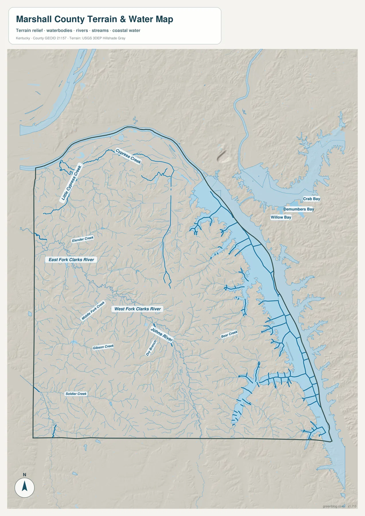 Marshall County terrain and water map showing the Tennessee River, Kentucky Lake, Cypress Creek, Little Cypress Creek, East Fork Clarks River, West Fork Clarks River, Soldier Creek, and other tributaries