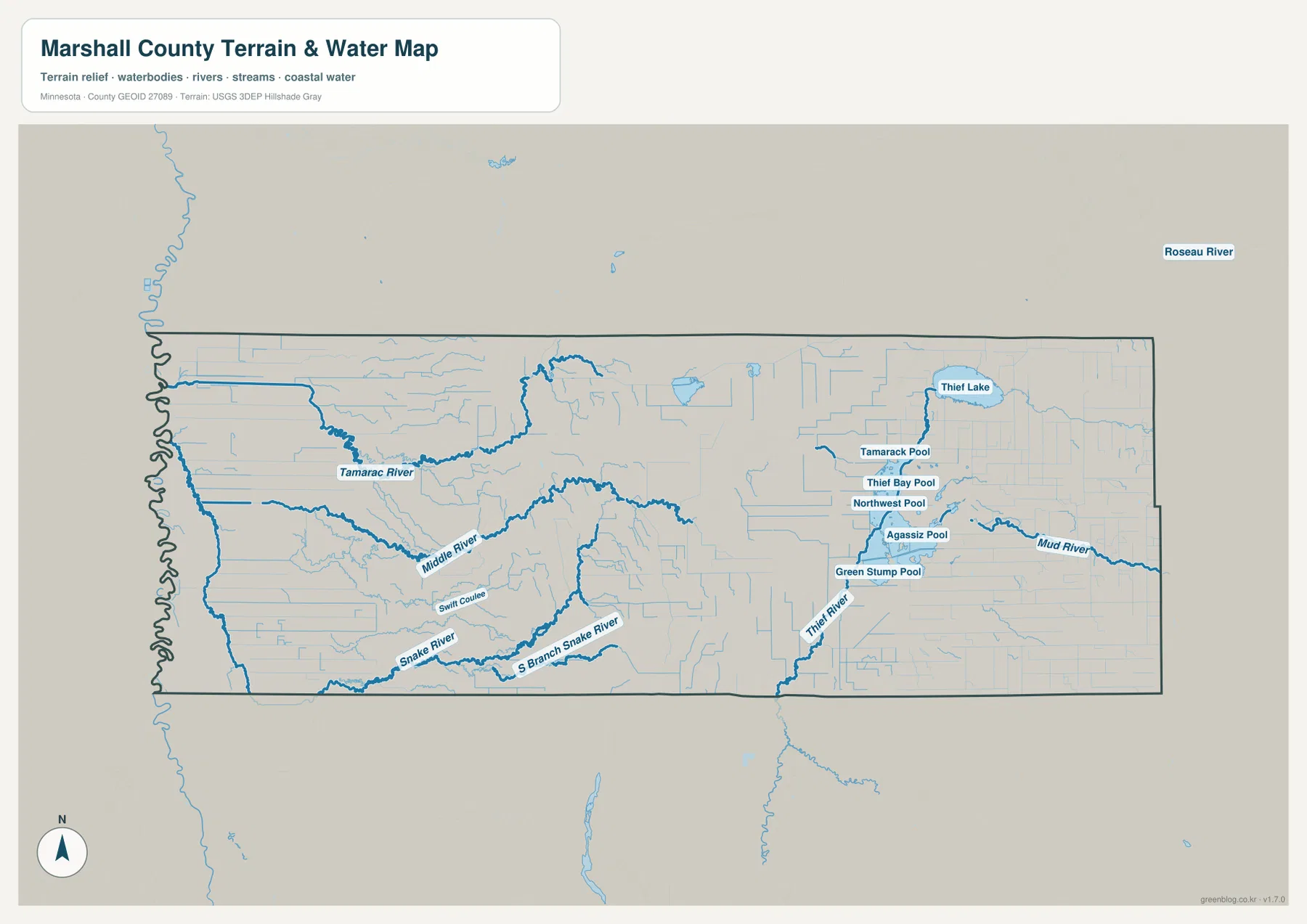 Marshall County 수역 지도에 Tamarac River, Middle River, Snake River, Thief Lake와 Agassiz National Wildlife Refuge의 여러 pool이 표시된 모습