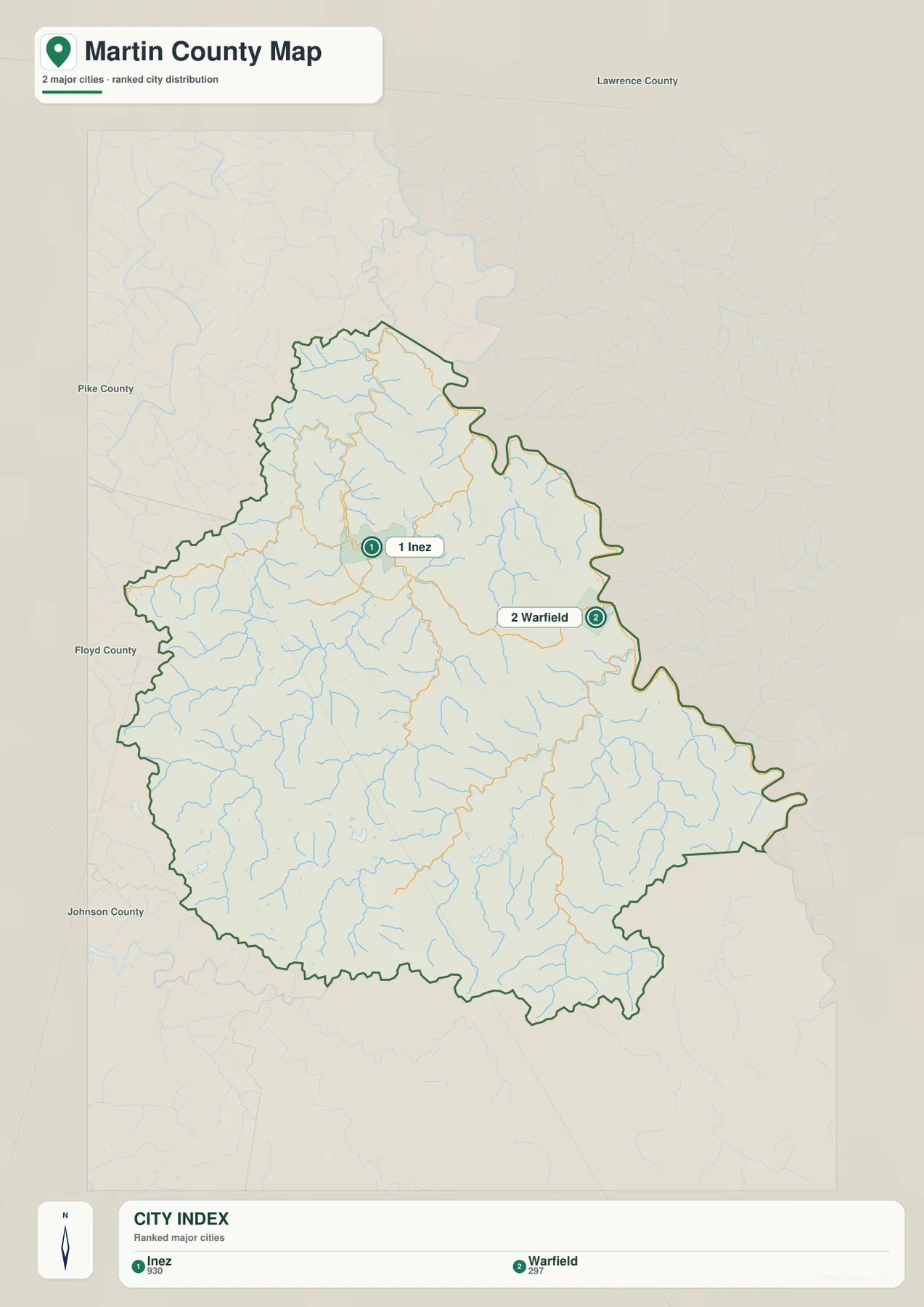 Martin County city distribution map showing Inez and Warfield with neighboring eastern Kentucky counties
